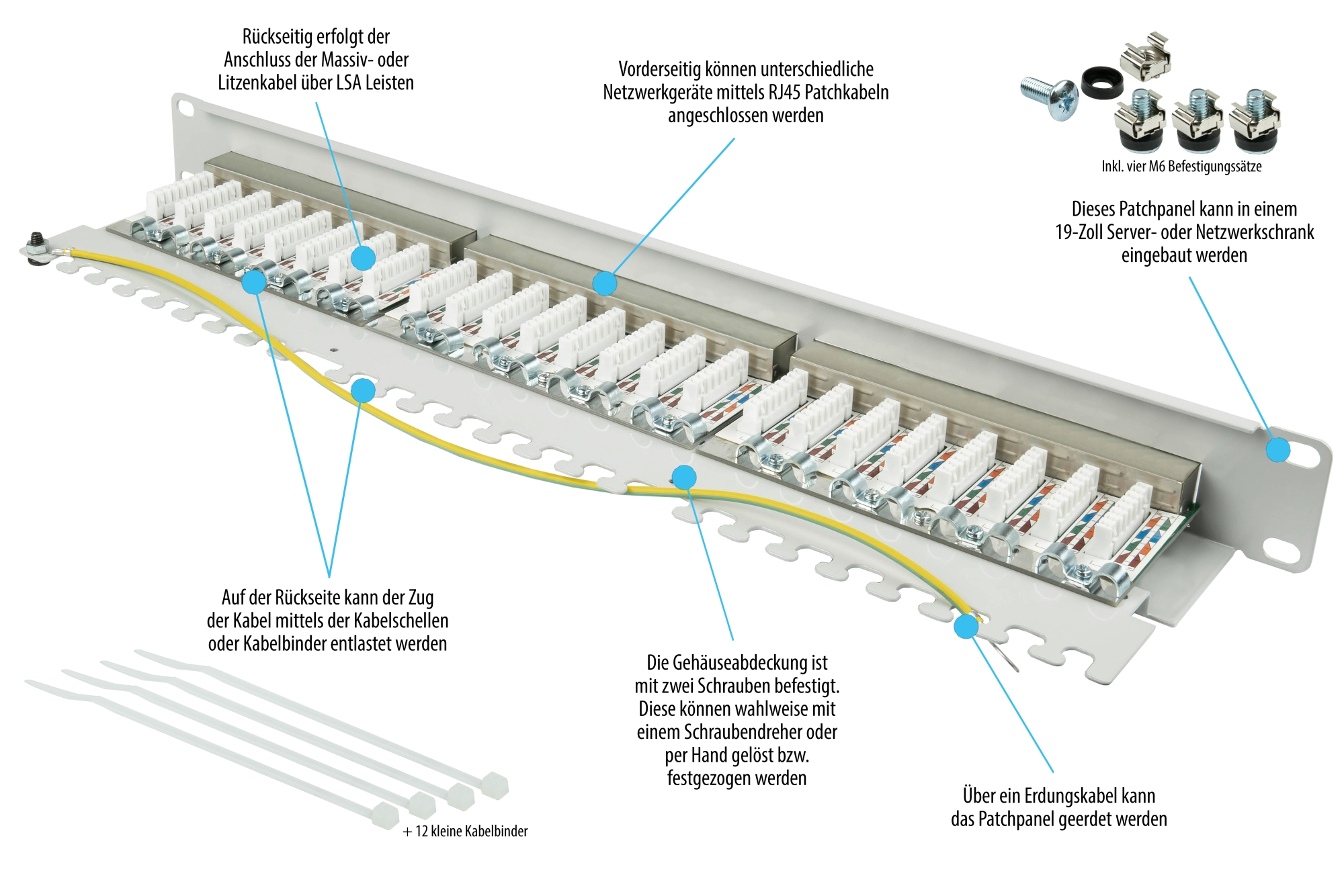 Patchpanel 19" Cat. 6, 24-Port, 1 HE, STP geschirmt, werkzeugloses Öffnen, Lichtgrau (RAL7035), Good Connections®