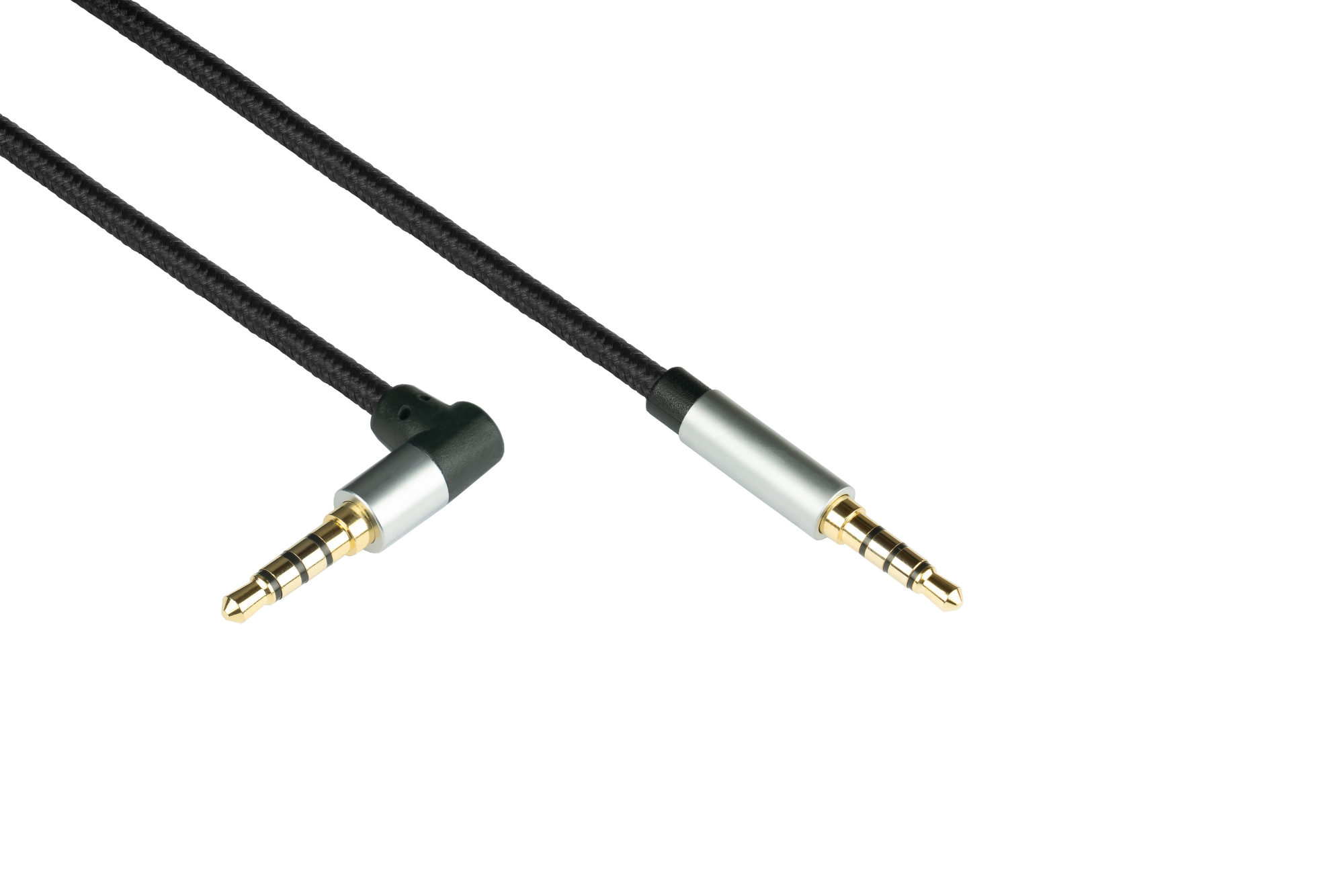 High-quality audio connection cable, 4-pin, 3,5mm jack connector to angled jack connector, textile coated, black, 1m, PYTHON® Series