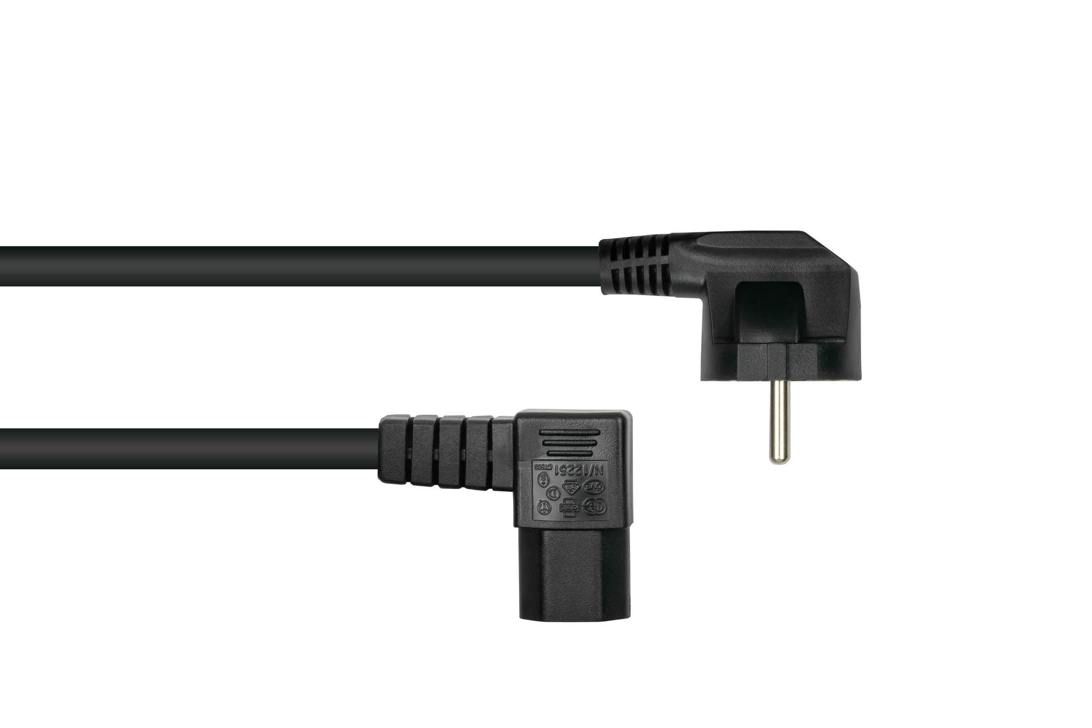 kabelmeister® Netzkabel Schutzkontakt-Stecker Typ E+F (90° gew.) an Warmgeräte-Buchse C15 (r. gew.), schwarz, 1,50mm², 5m