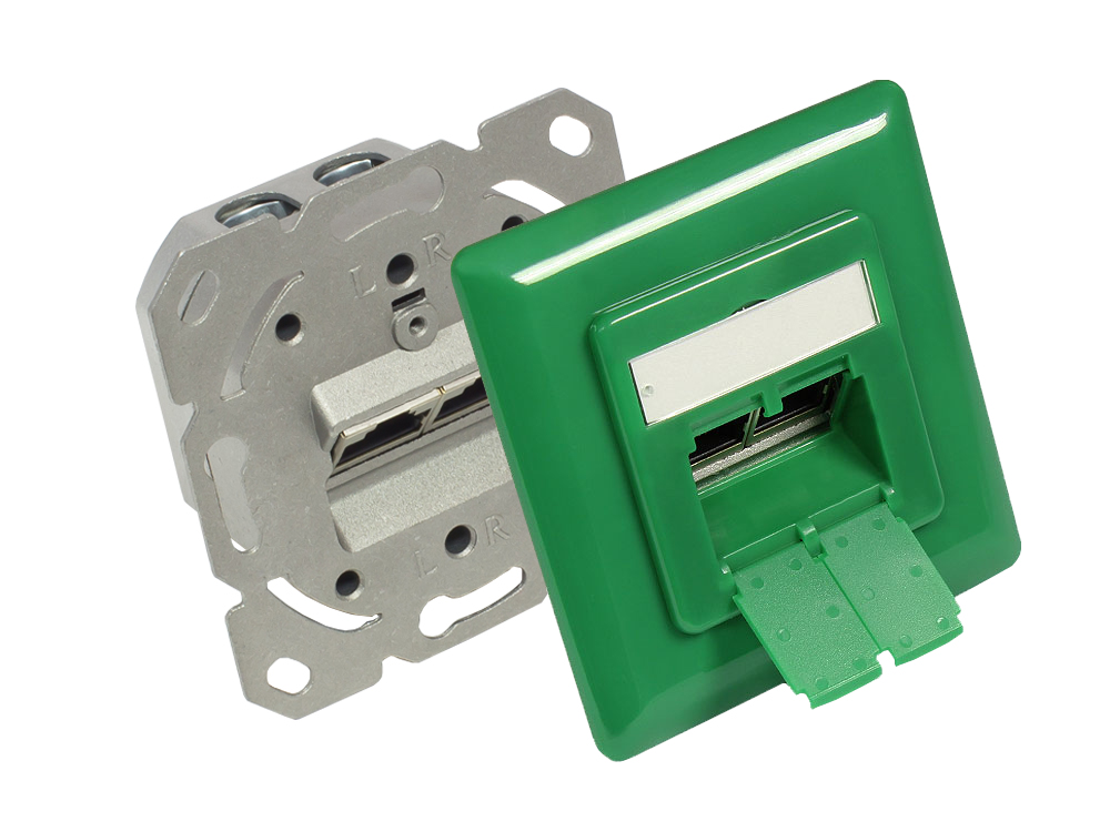 Netzwerkdose Cat. 6, 2xRJ45, geschirmt, Unterputzdose, inkl. Zentralstück und Abdeckrahmen, signalgrün RAL6032, Good Connections