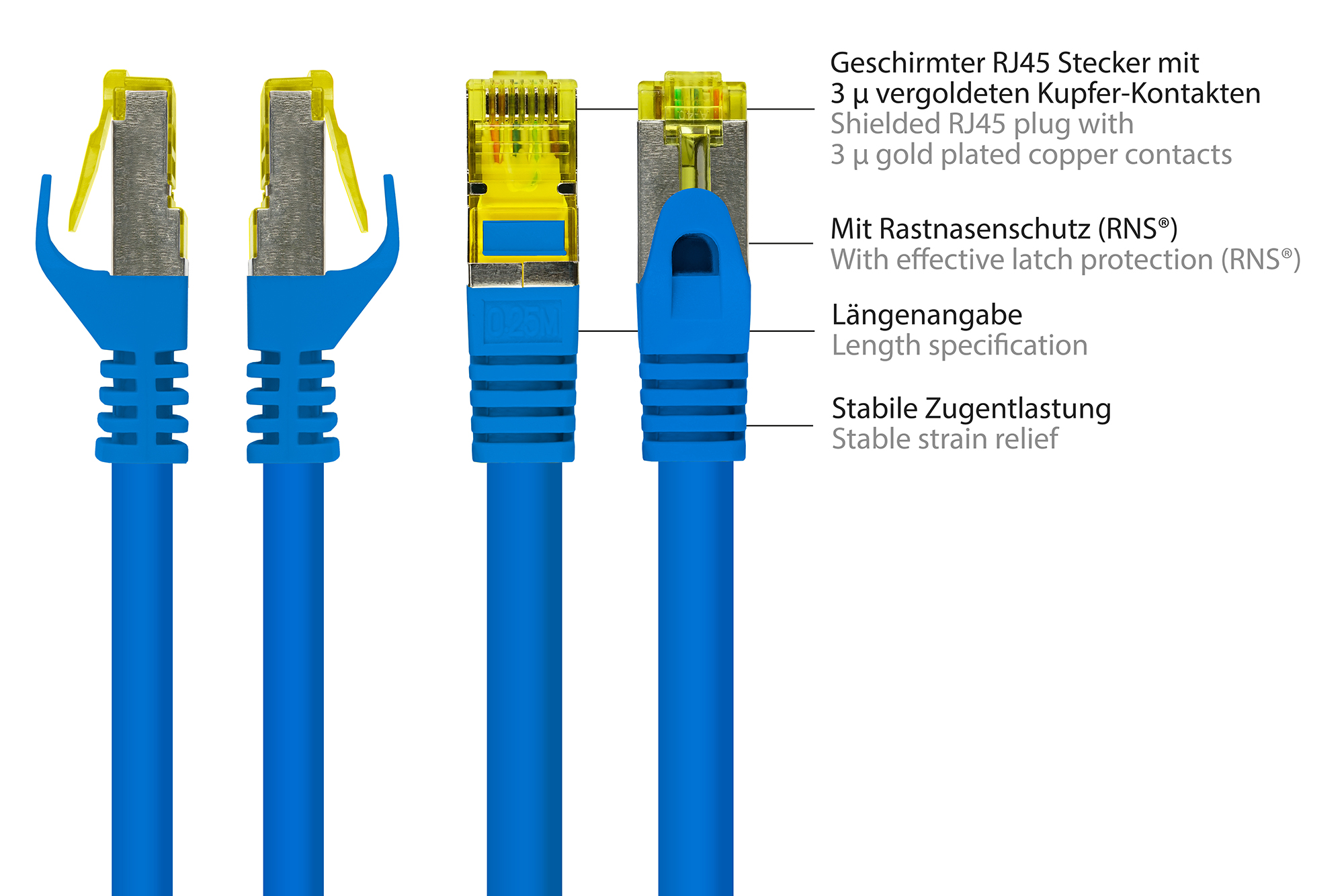 RJ45 Patchkabel mit Cat. 7 Rohkabel und Rastnasenschutz (RNS®), S/FTP, PiMF, halogenfrei, 500MHz, OFC, blau, 10m, Good Connections®
