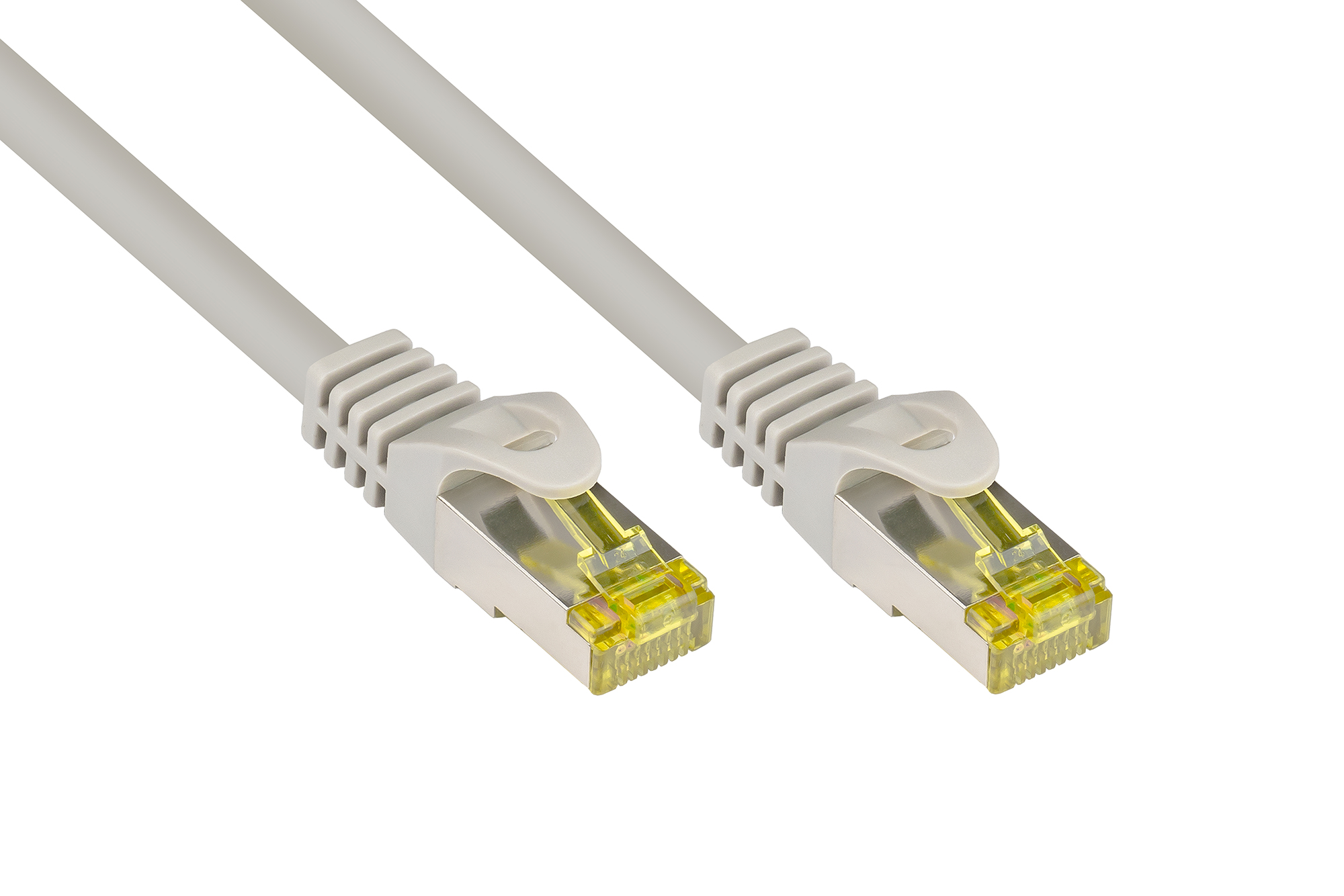 RJ45 Patchkabel mit Cat. 7 Rohkabel und Rastnasenschutz (RNS®), S/FTP, PiMF, halogenfrei, 500MHz, OFC, grau, 2m, Good Connections®