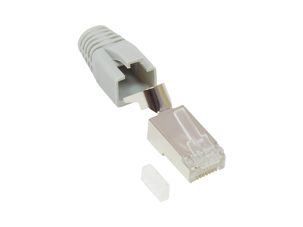RJ45 Network plug Cat.6A, shielded, for Cat.7, Cat.6A, Cat.6 cable, within kink protection and threading help, grey, Good Connections®