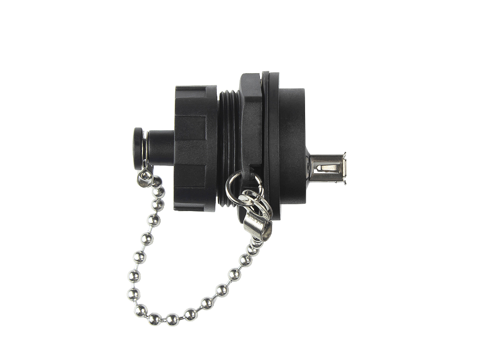 Industrial Connector S4 - USB 2.0 feed-through coupling, socket A on both sides, single-ended with cover, bayonet, IP67, black, Good Connections®
