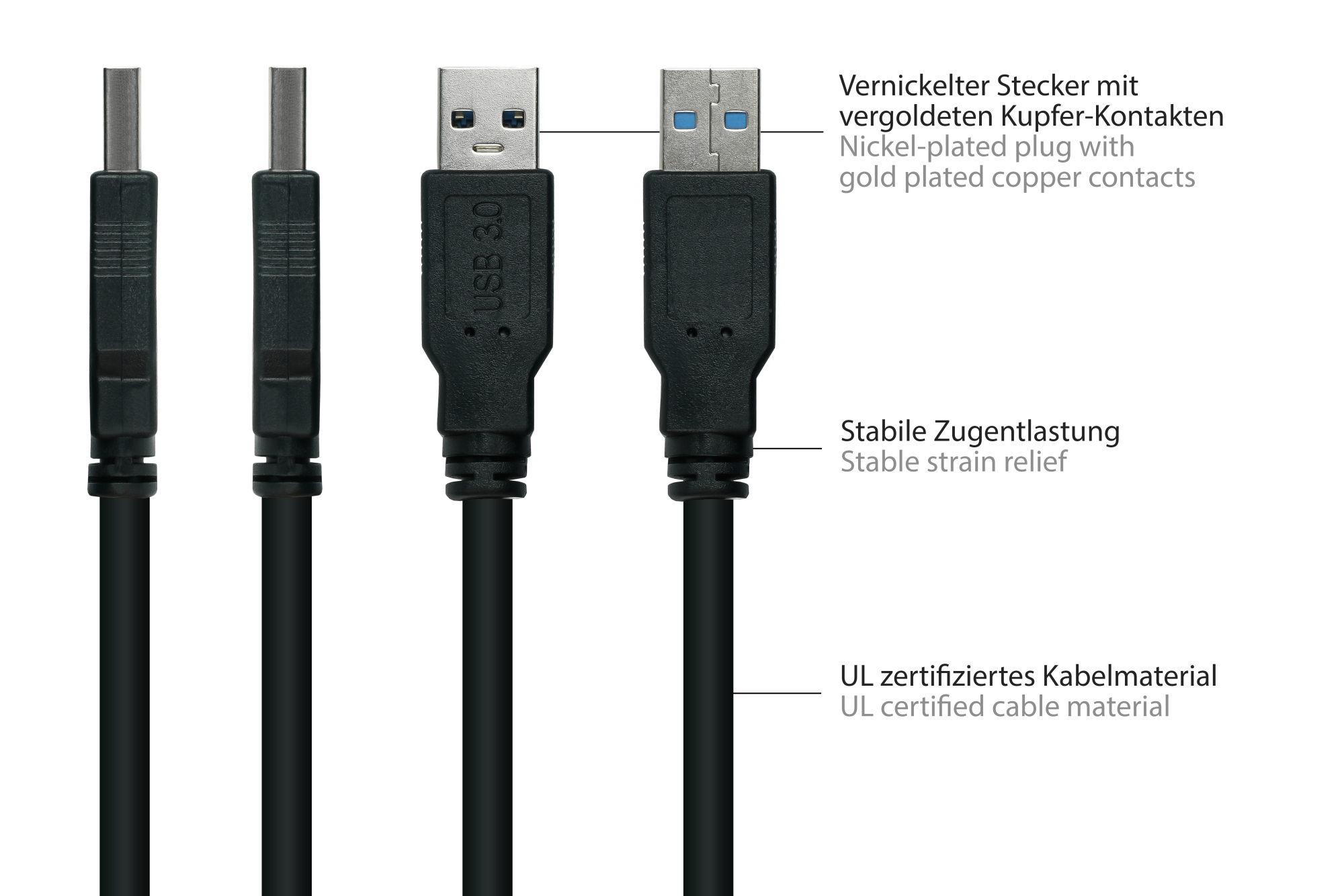 kabelmeister® Anschlusskabel USB 3.0 Stecker A an Stecker Micro B, Premium, DATA AWG28 / Power AWG24, UL, KUPFER, schwarz, 0,5m