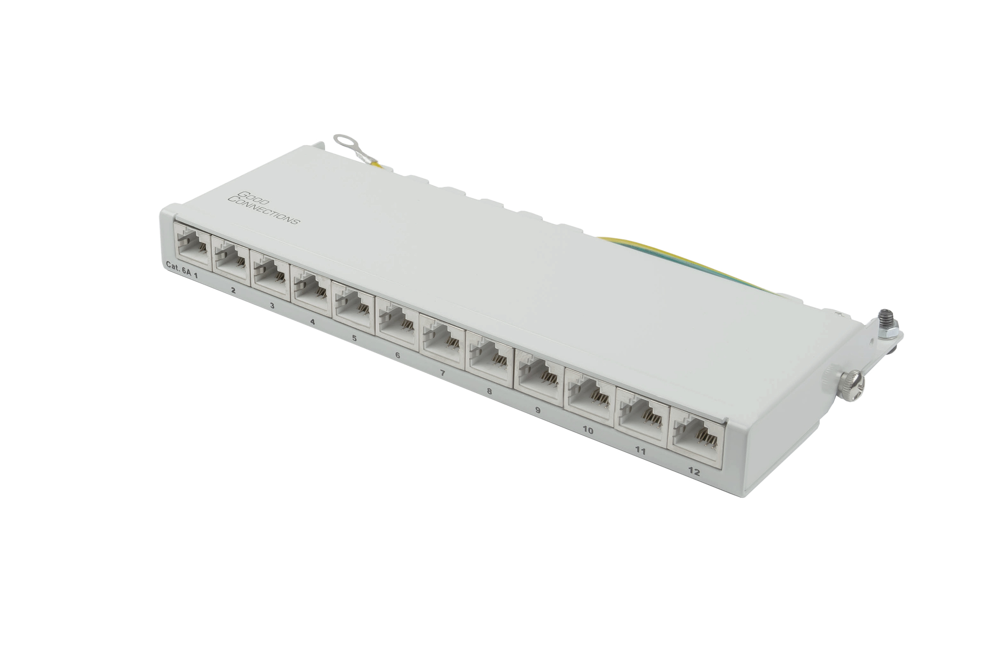 Patch Panel Desktop Cat. 6A, 12-port, 0,5 U, STP shielded, toolless opening, light grey (RAL7035), Good Connections®