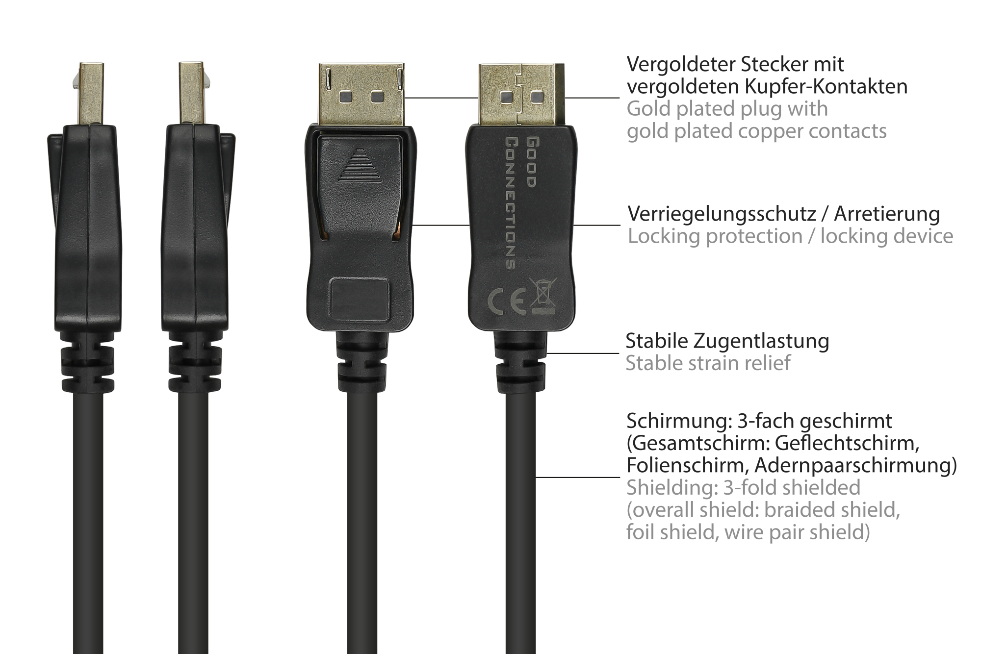 Connection cable DisplayPort 1.2, 4K / UHD @60Hz, gold-plated contacts, OFC, black, 3m, Good Connections®