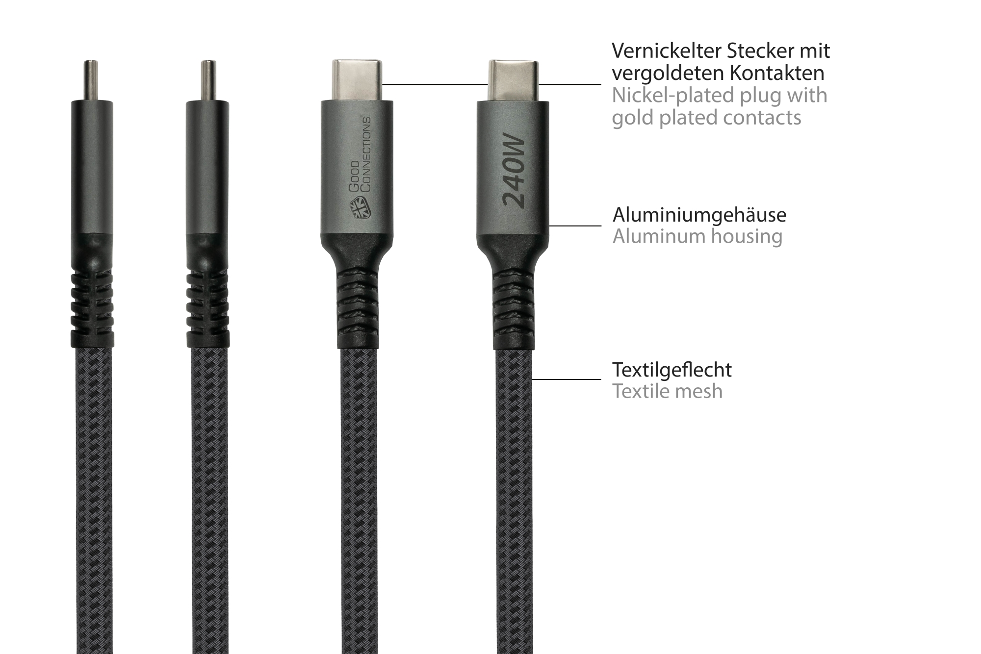 USB 2.0 Lade- und Datenkabel (240W), USB-C™ Stecker an USB-C™ Stecker, anthrazit, 2m, Good Connections®