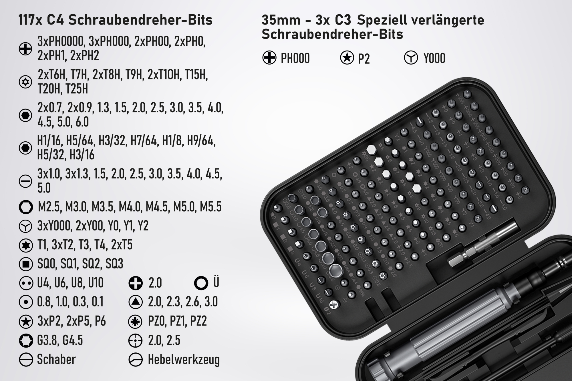 kabelmeister® Precision screwdriver set, 150 pieces, including 117x C4 bits, 3x C3 bits