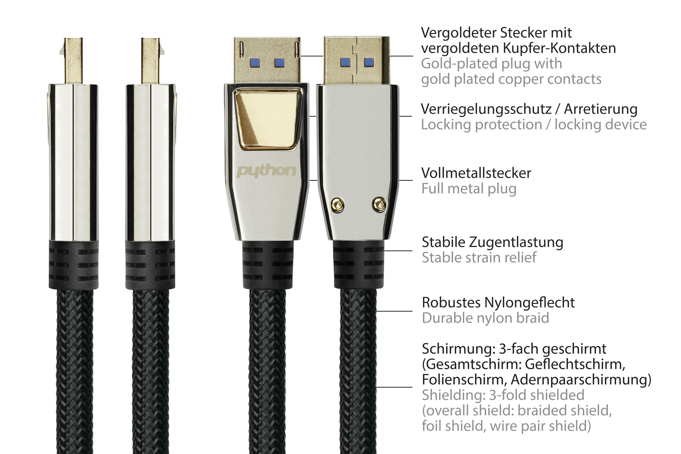 DisplayPort 2.0 cable, 54 Gbps, UHBR 13.5, 4K @240Hz / 8K @60Hz, full metal connector, CU, nylon braid black, 0,5m, PYTHON® Series