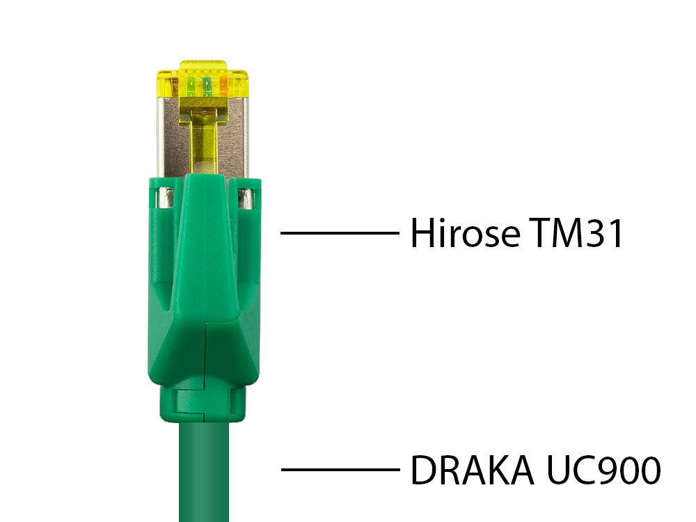 Patchkabel mit Cat. 7 Draka UC900 Rohkabel (900MHz) und Hirose TM31 Stecker (500MHz) beidseitig, S/FTP, PiMF, halogenfrei (LSZH), KUPFER, grün, 30m