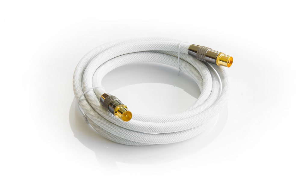 Antenna cable, IEC/coax plug to socket, gold-plated, shielding measure 120 dB, 75 Ohm, nylon braided white, 3m, PYTHON® Series