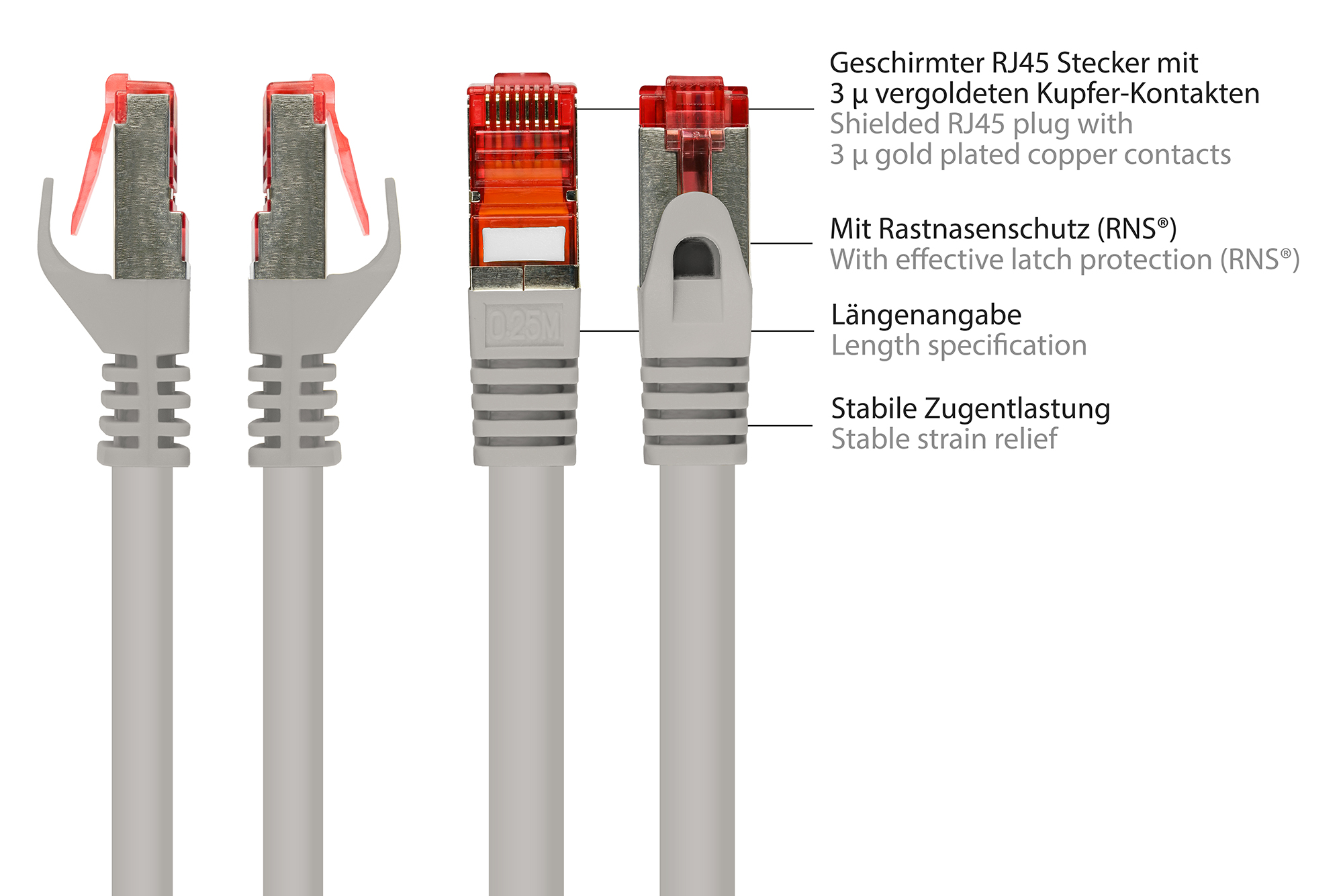 RNS® Patchkabel mit Rastnasenschutz, Cat. 6, S/FTP, PiMF, PVC, 250MHz, grau, 2m, Good Connections®