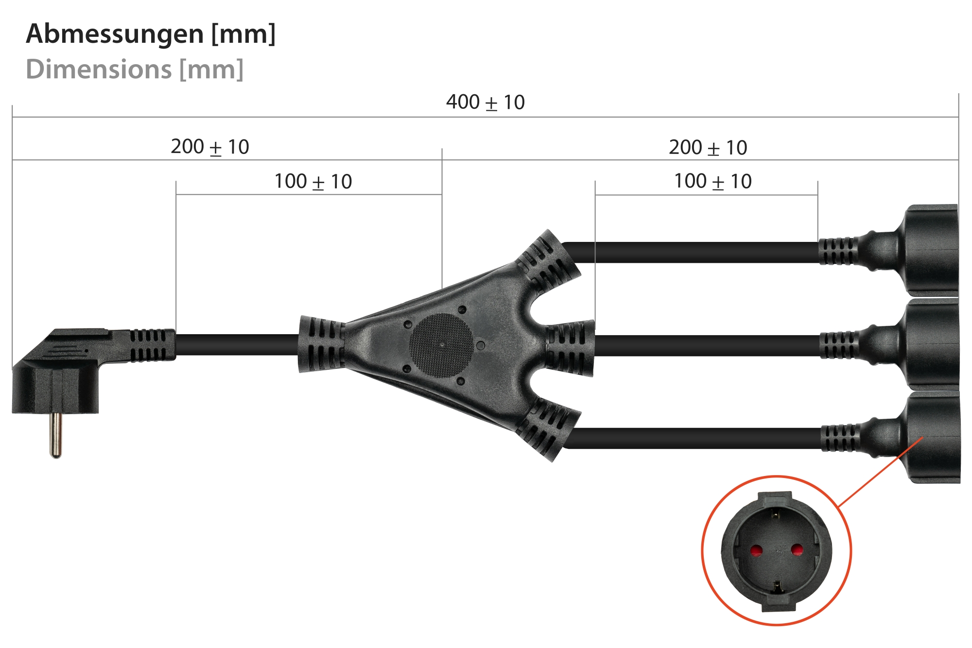 kabelmeister® W-Netzkabel Schutzkontakt-Stecker Typ E+F (CEE 7/7, gewinkelt) an 3x Buchse, schwarz, 0,2m