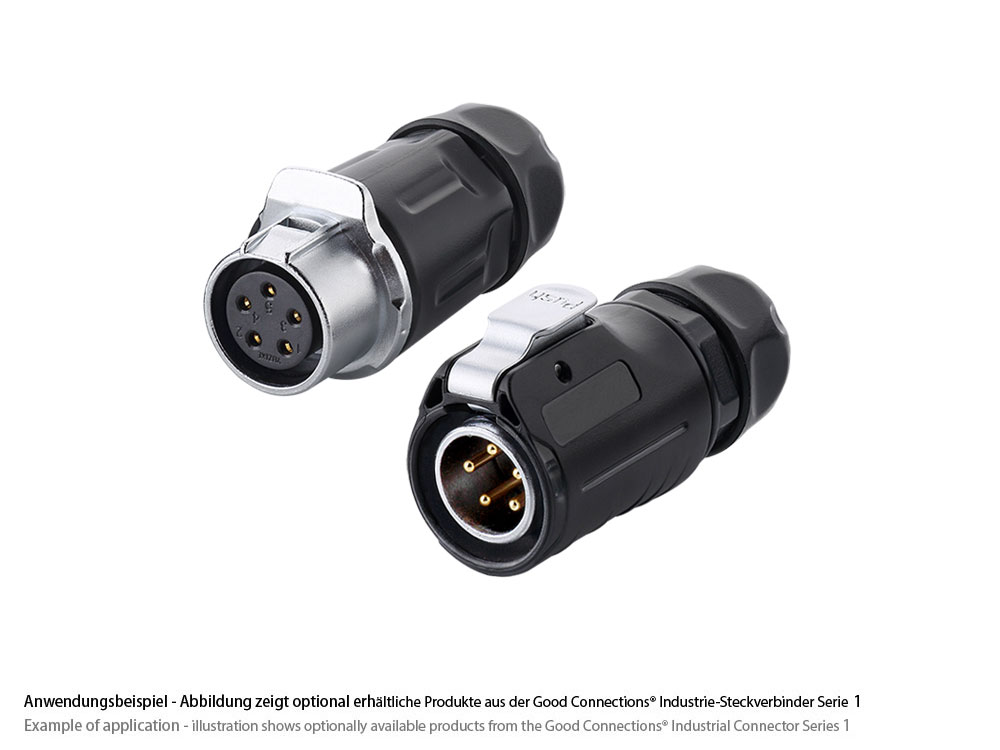 Industrial Connector S1 - Power (5-pin) Mating plug connector with click locking, solder termination, M20, IP65/67, Good Connections®