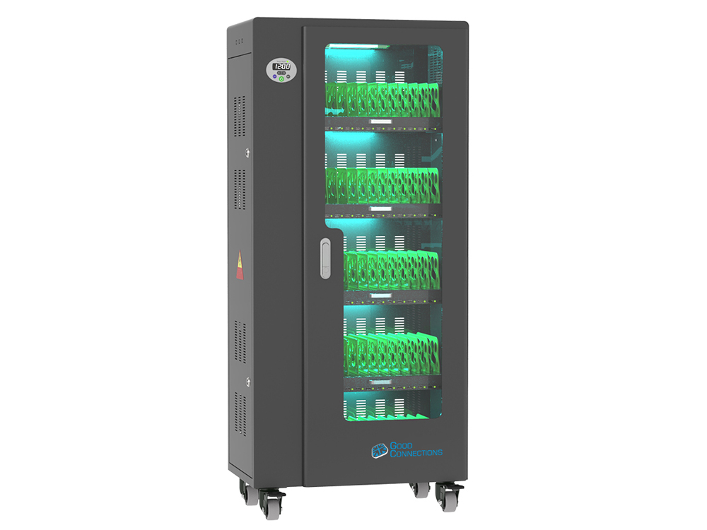 Tablet charging cart for up to 65 devices, UV-C disinfection, Smart Control, sync function for iOS/Android, black, Good Connections®