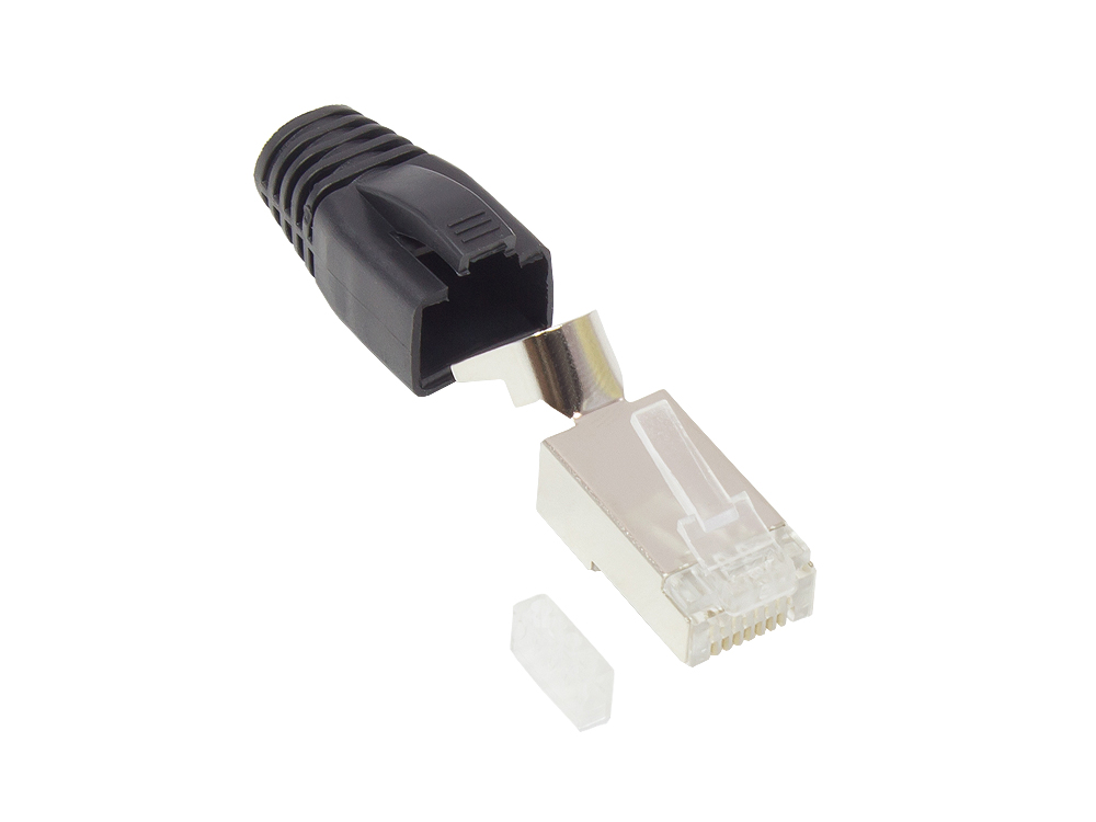 RJ45 Network plug Cat.6A, shielded, for Cat.7, Cat.6A, Cat.6 cable, within kink protection and threading help, black, Good Connections®