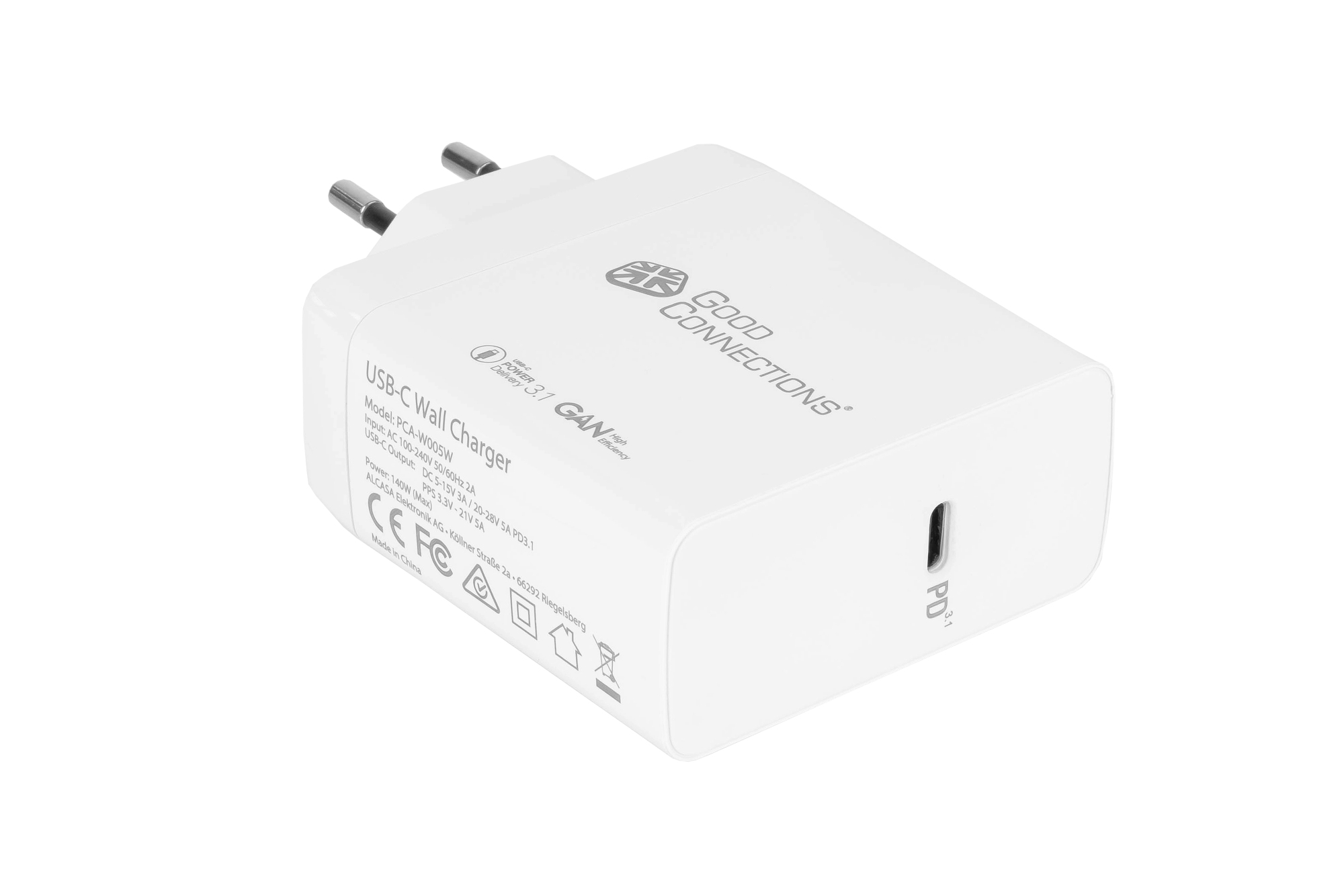 USB fast charger 140W with GaN technology, 1-port (USB-C™), PD 3.1, QC 5, PPS, incl. 1.2m charging cable, white, Good Connections®