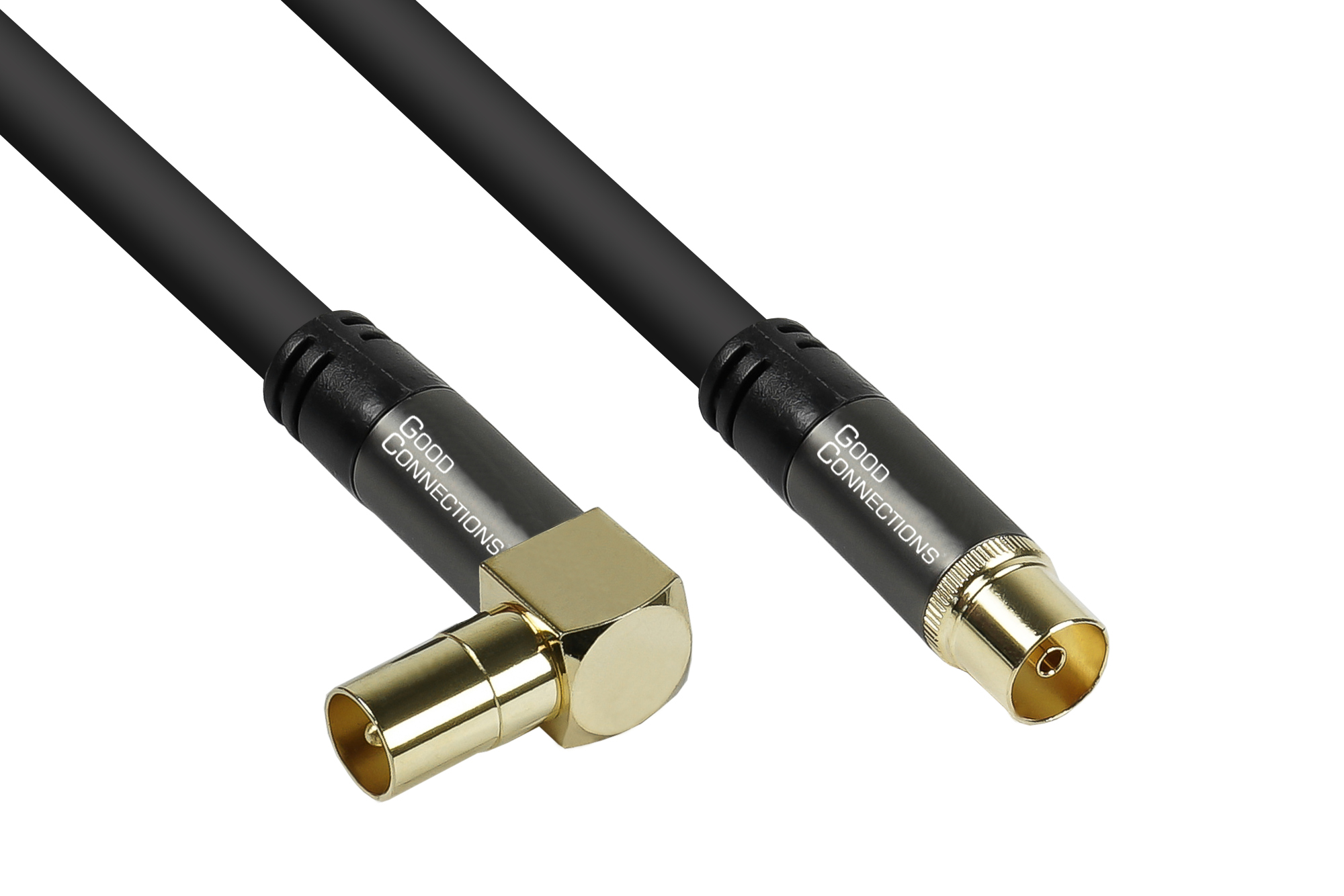Antenna cable SmartFLEX, IEC/coax plug angled to socket, gold-plated, quad-shielded, shielding measure 120dB, black, 2m, Good Connections®