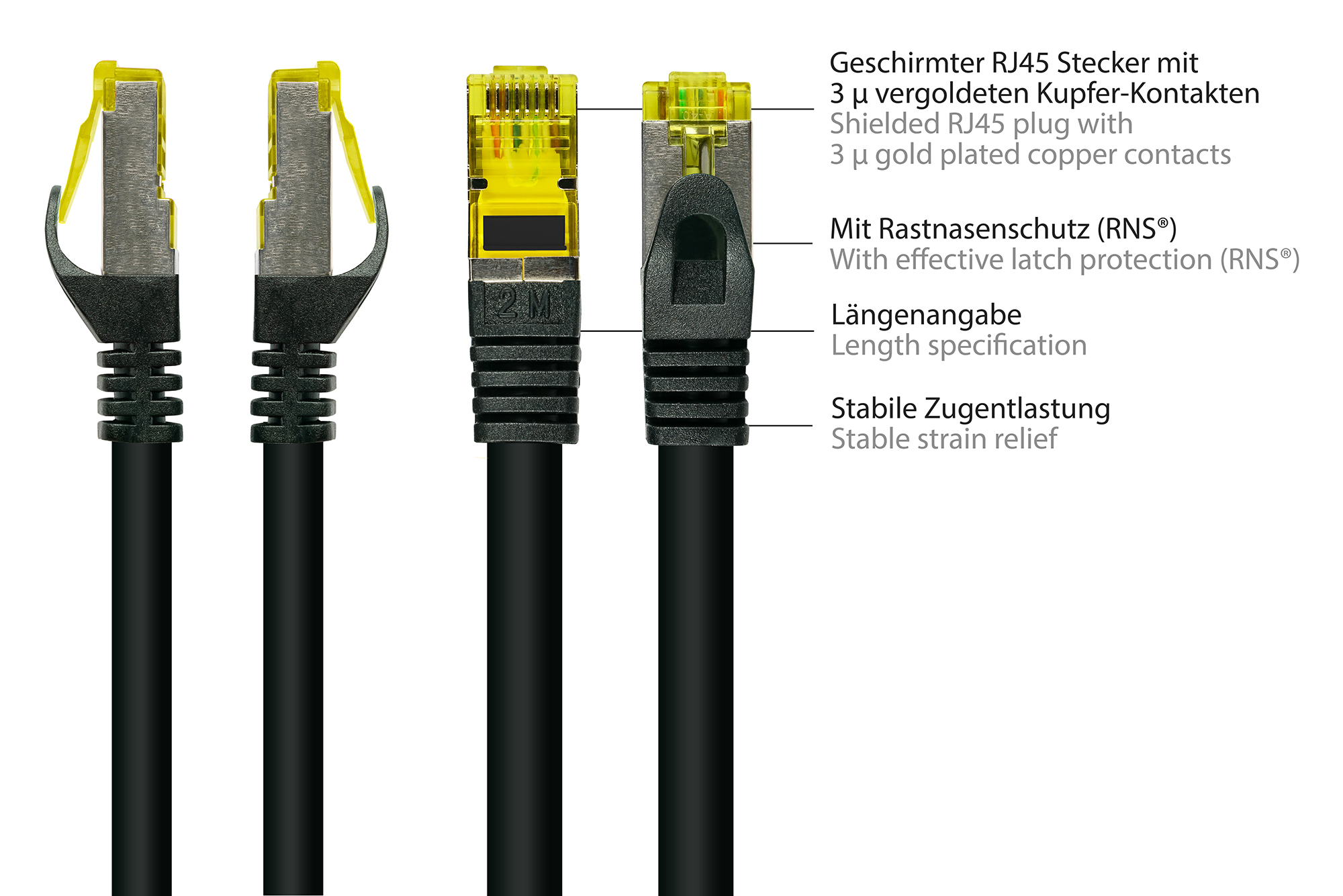 RJ45 Patchkabel mit Cat. 7 Rohkabel und Rastnasenschutz (RNS®), S/FTP, PiMF, halogenfrei, 500MHz, OFC, schwarz, 0,5m, Good Connections®