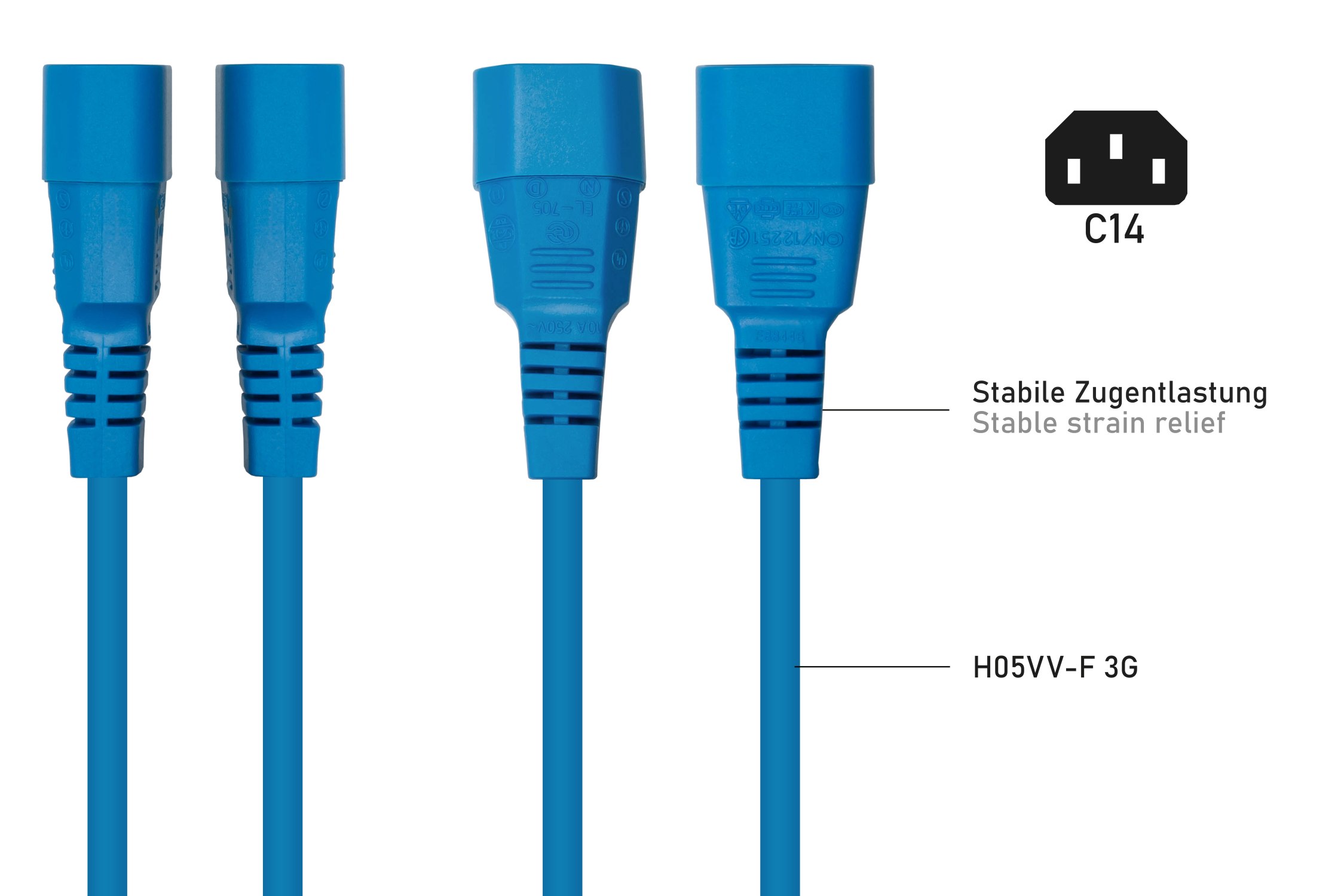 kabelmeister® Kaltgeräteverlängerung Kaltgeräte-Stecker C14 an Kaltgeräte-Buchse C13, blau, 0,75mm², 1m