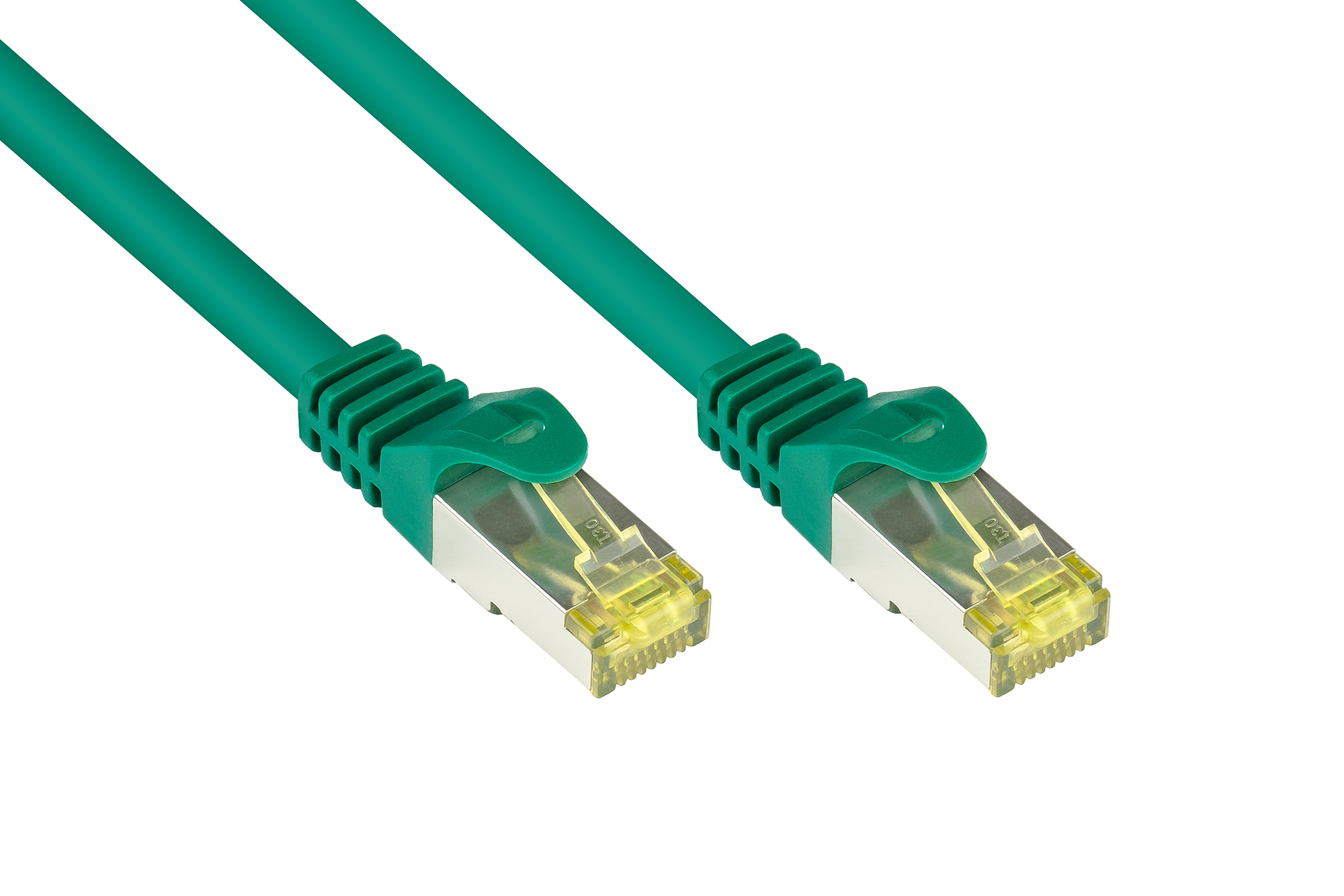 RJ45 Patchkabel mit Cat. 7 Rohkabel und Rastnasenschutz (RNS®), S/FTP, PiMF, halogenfrei, 500MHz, OFC, grün, 25m, Good Connections®