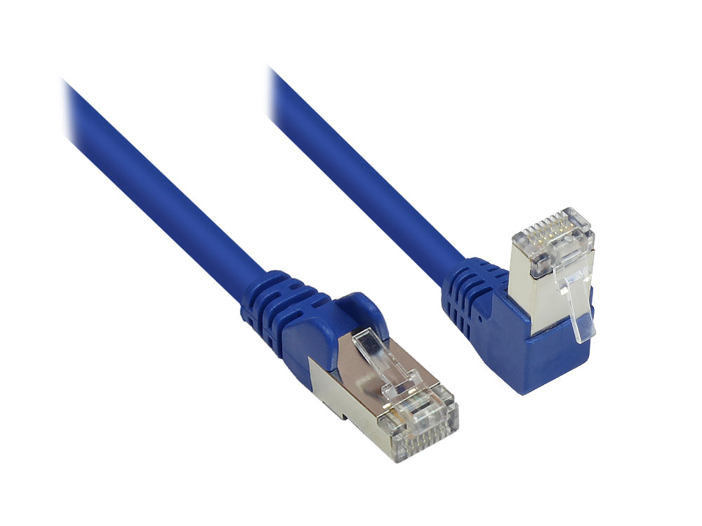 Patchkabel, Cat. 6, S/FTP, PiMF, 250MHz, einseitig 90° nach unten gewinkelt, blau, 0,5m, Good Connections