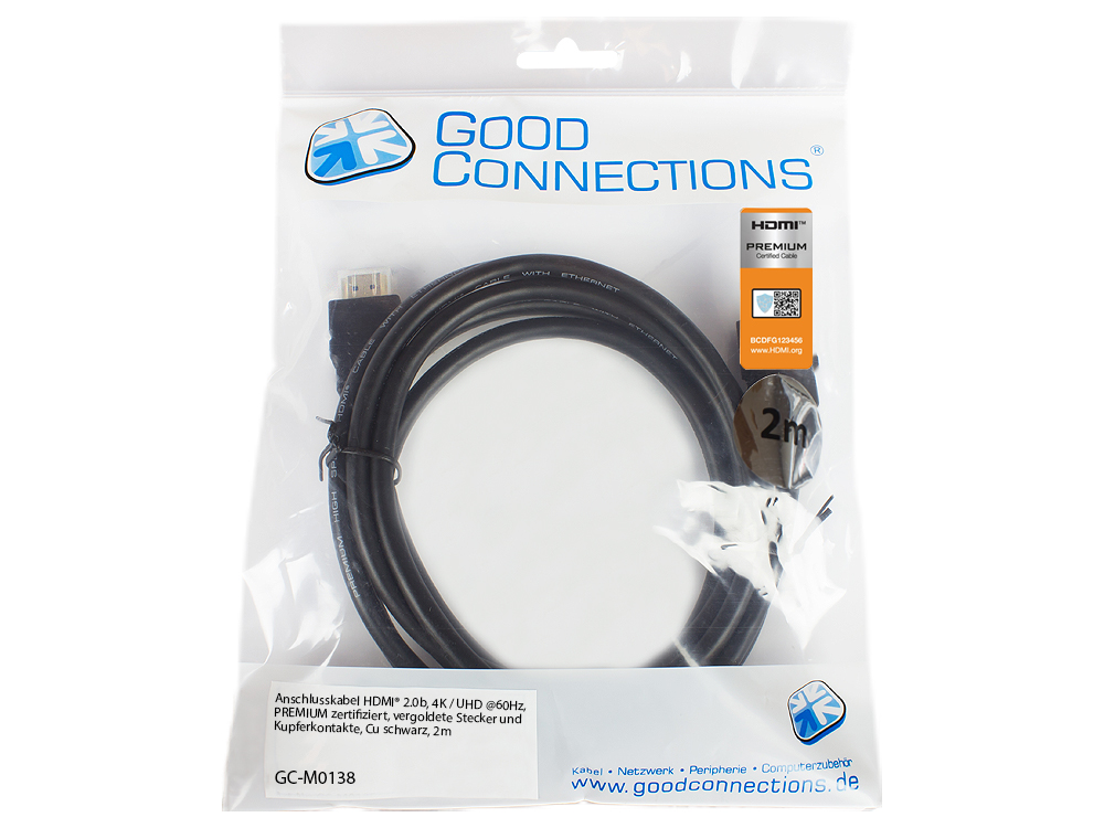 Connection cable HDMI 2.0b, 4K / UHD @60Hz, PREMIUM certified, 18 Gbit/s, gold-plated contacts, CU, black, 2m, Good Connections®
