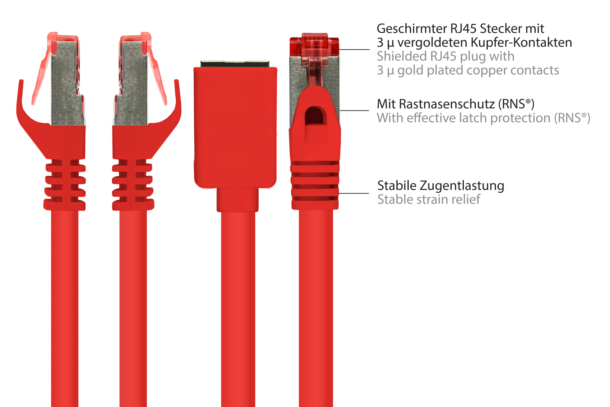 RNS® Patchkabelverlängerung mit Rastnasenschutz, Cat. 6, S/FTP, PiMF, PVC, 250MHz, OFC, CU, rot, 2m, Good Connections®