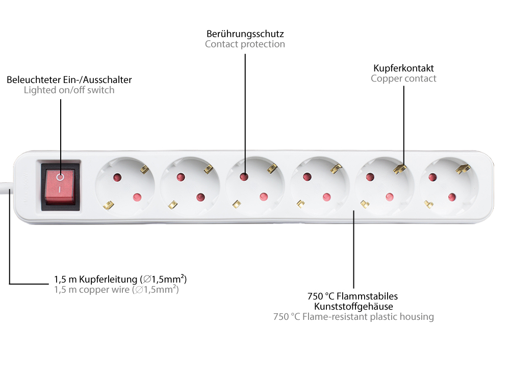 Multiple socket outlet with switch, 6-way, safety plug to 6x safety socket, white, Good Connections®