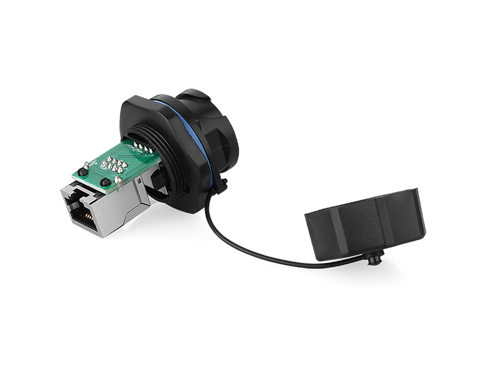 Industrial connector S6 - RJ45 feed-through coupling with PCB board / printed circuit board, RJ45 socket on both sides, bayonet, Good Connections®