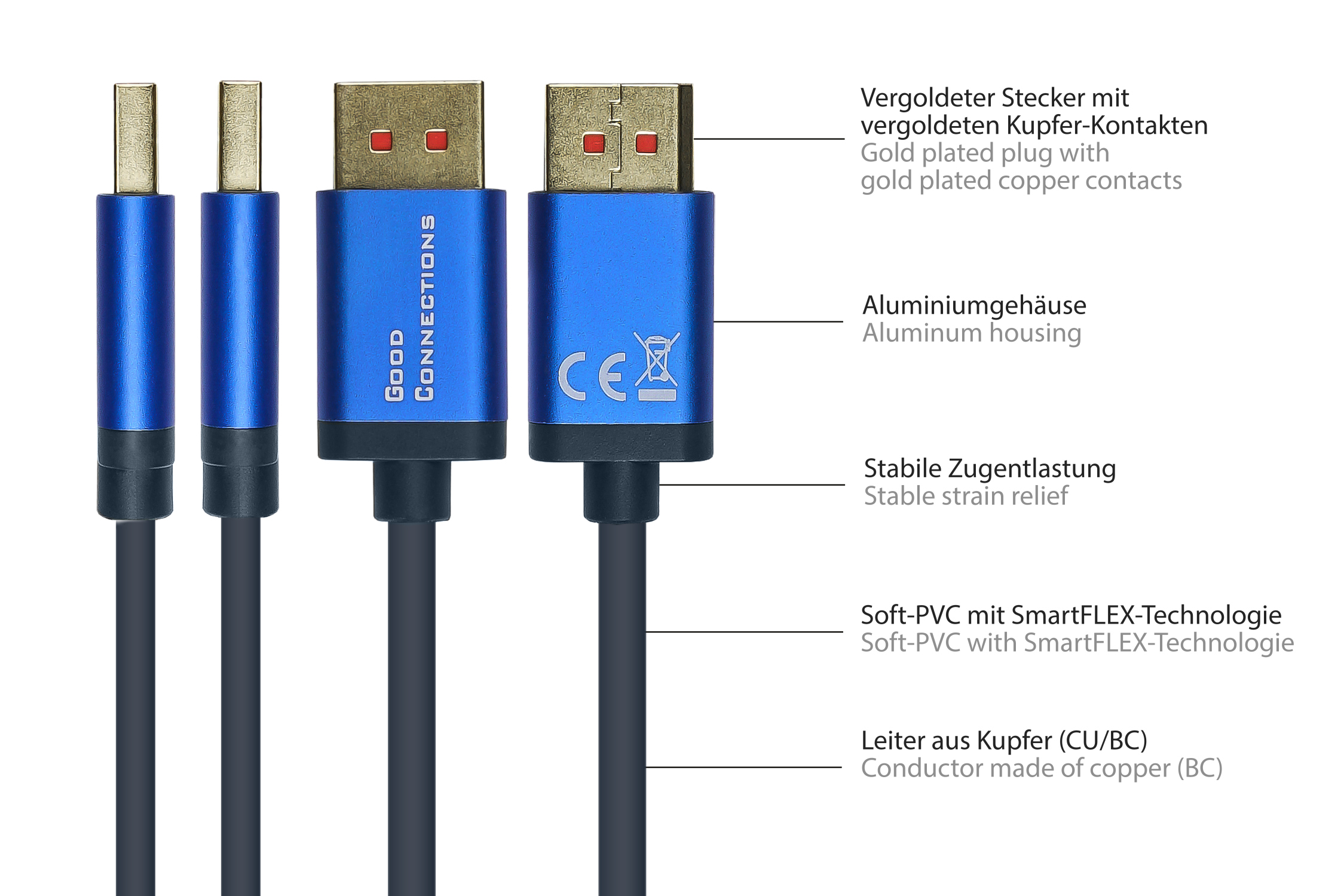 DisplayPort 1.4 SmartFLEX cable, 8K UHD-2 / 4K UHD, aluminum housing, CU, dark blue, 1m, Good Connections®