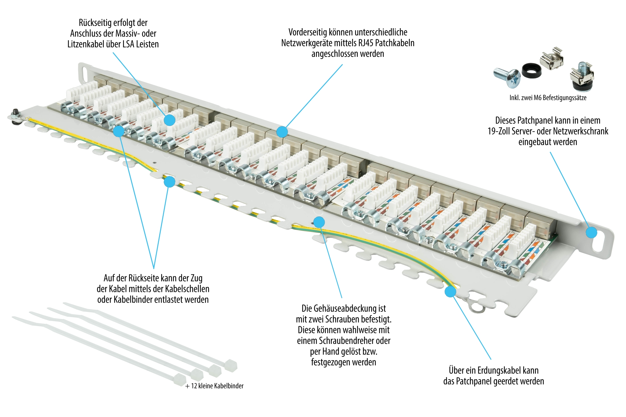 Patch Panel 19" Cat. 6A, 24-port, 0,5 U, STP shielded, toolless opening, light grey (RAL7035), Good Connections®