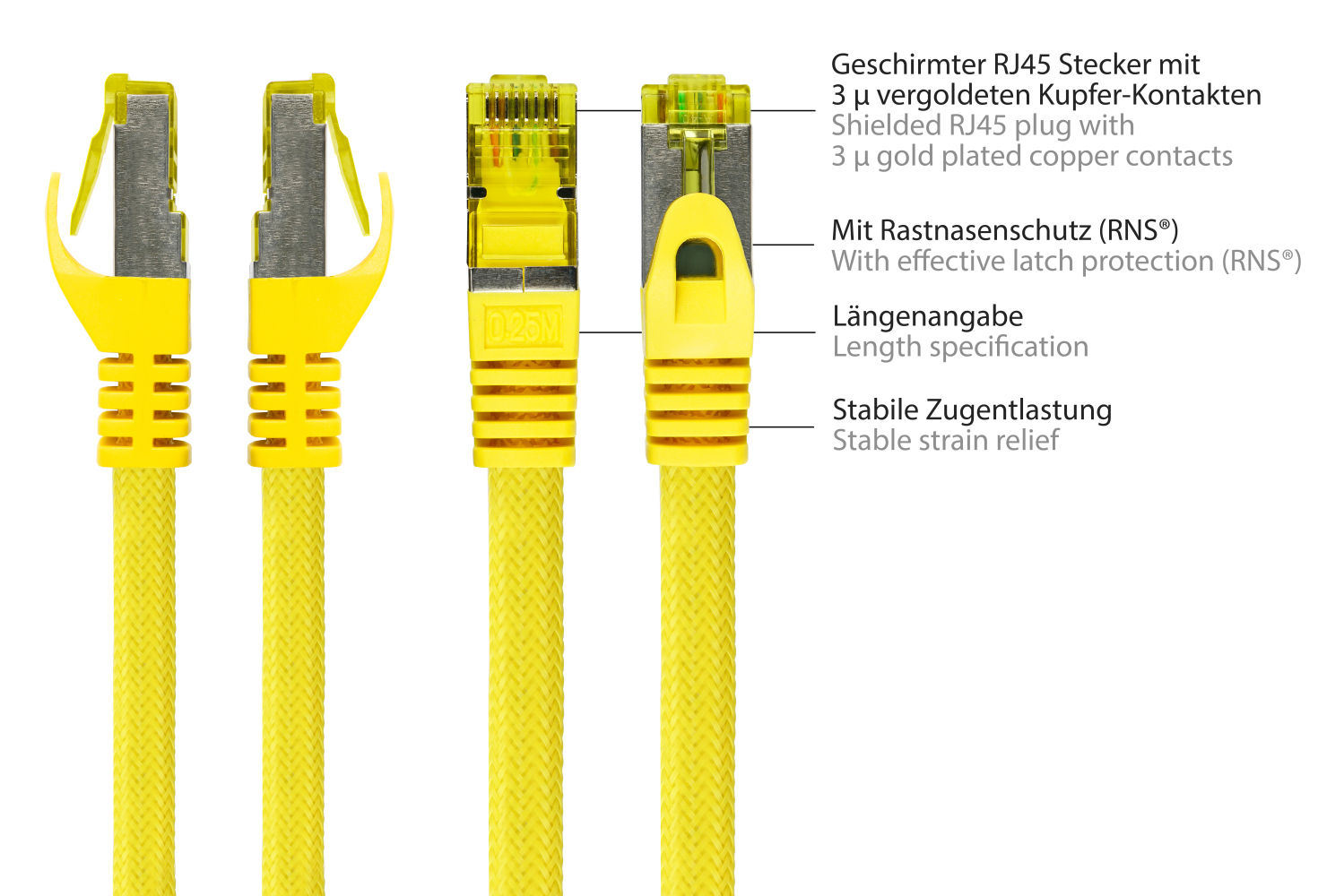 Python® Series RJ45 Patchkabel mit Cat. 7 Rohkabel, Rastnasenschutz (RNS®) und Nylongeflecht, S/FTP, PiMF, halogenfrei, 500MHz, OFC, gelb, 1,5m
