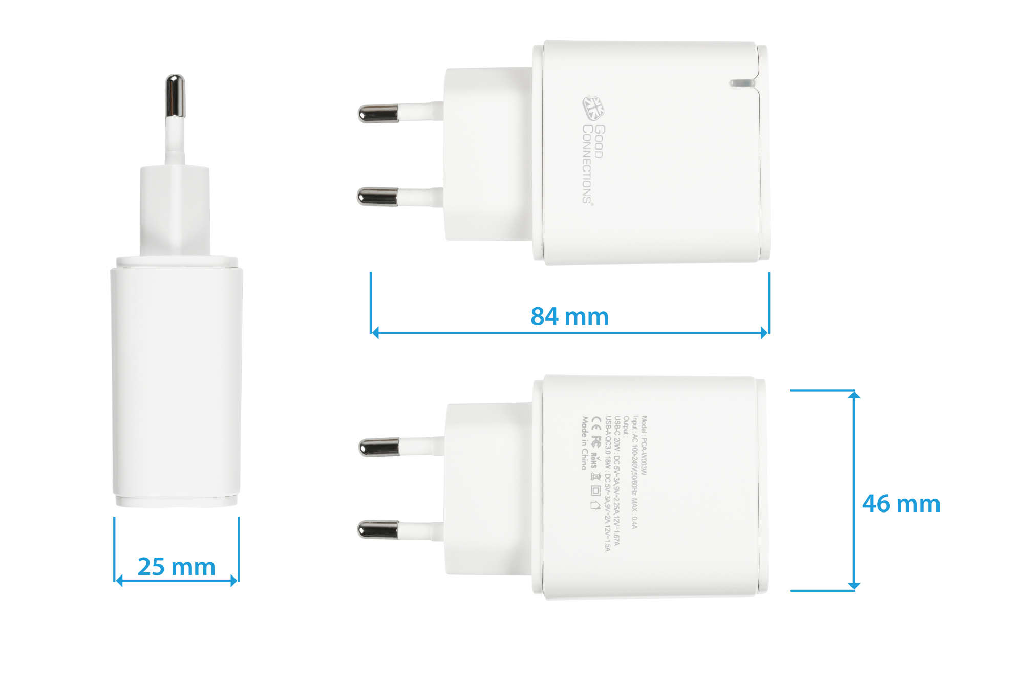 USB fast charger 20W, 2-port (1x USB A, 1x USB C™), PD 3.0, white, Good Connections®