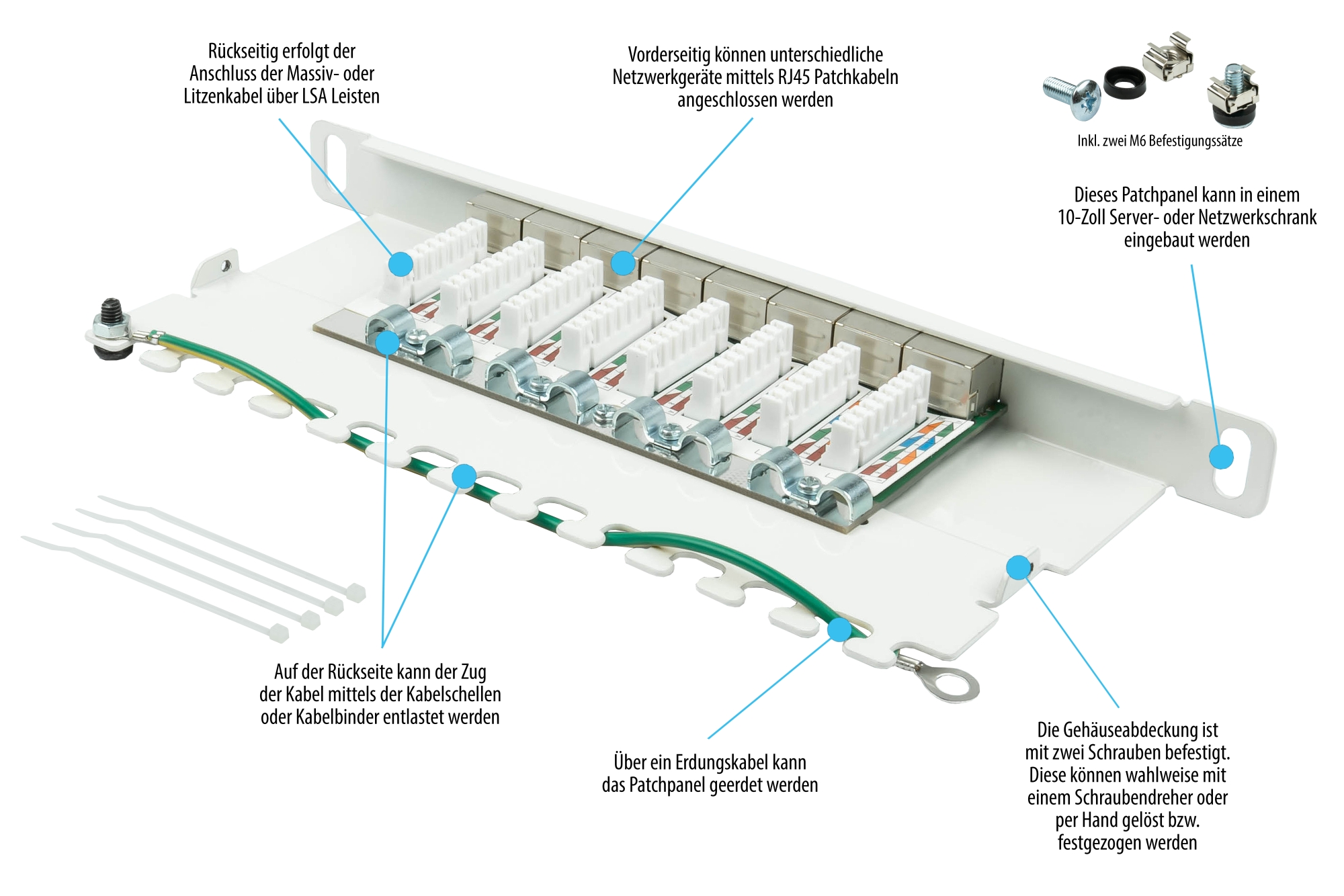 Patch Panel 10" Cat. 6A, 8-port, 0,5 U, STP shielded, toolless opening, pure white (RAL9010), Good Connections®
