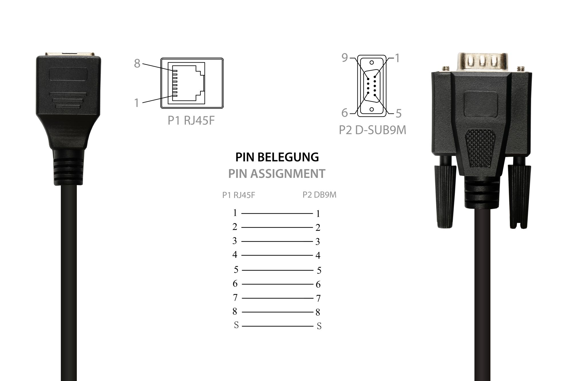 Adapter cable RS232 serial D-SUB 9 plug to RJ45 socket to, 1:1, black, 0,1m, Good Connections®