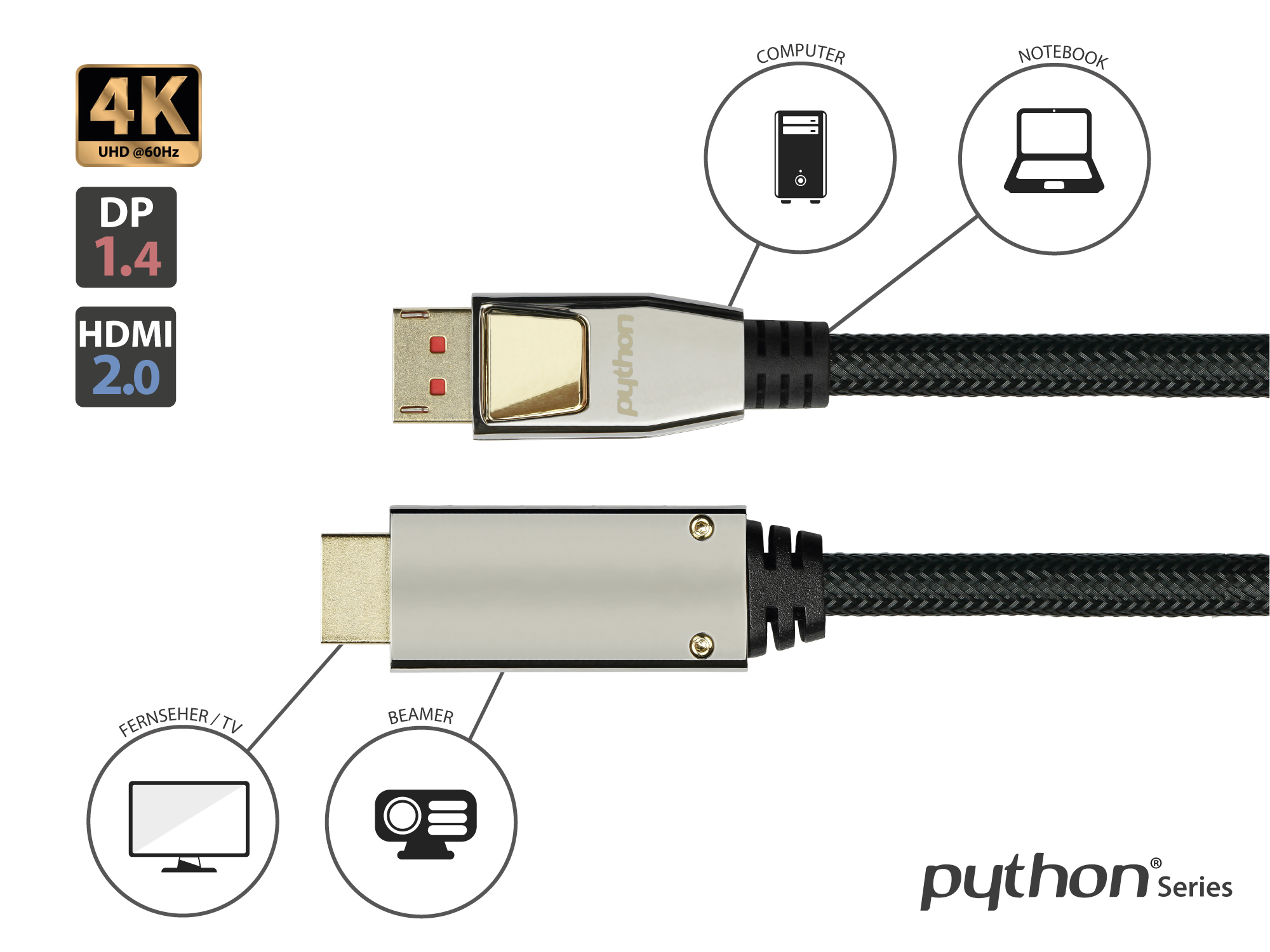 Anschlusskabel DisplayPort 1.4 an HDMI 2.0, 4K / UHD @60Hz, Vollmetallstecker, vergoldete Kontakte, OFC, Nylongeflecht schwarz, 3m, PYTHON® Series