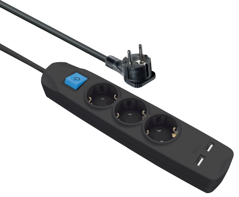 Steckdosenleiste 3-fach + 2x USB (2,1A), mit Schalter, flachen Schutzkontaktstecker, Berührungsschutz, schwarz, 3m