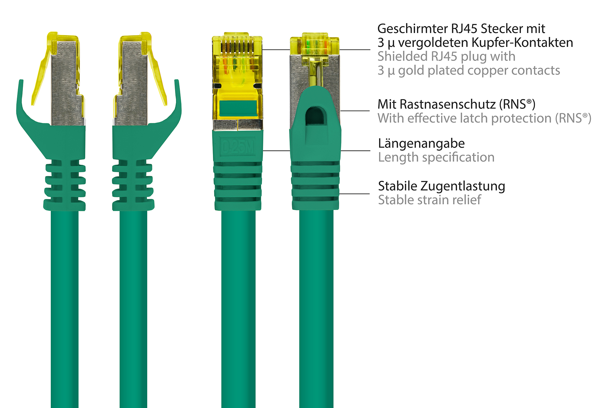 RJ45 Patchkabel mit Cat. 7 Rohkabel und Rastnasenschutz (RNS®), S/FTP, PiMF, halogenfrei, 500MHz, OFC, grün, 25m, Good Connections®