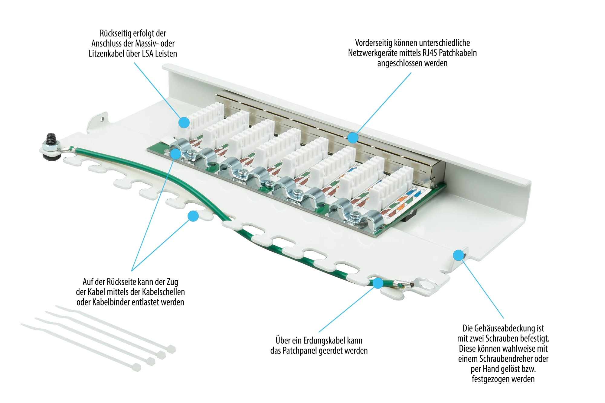 Patch Panel Desktop Cat. 6, 8-port, 0,5 U, STP shielded, toolless opening, pure white (RAL9010), Good Connections®