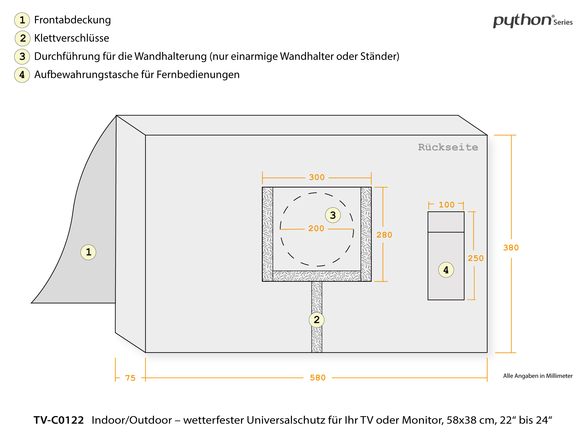 Python® Series TV-Cover Indoor/Outdoor – wetterfester Universalschutz for Ihr TV or Monitor, 58x38 cm, 22“ up to 24“