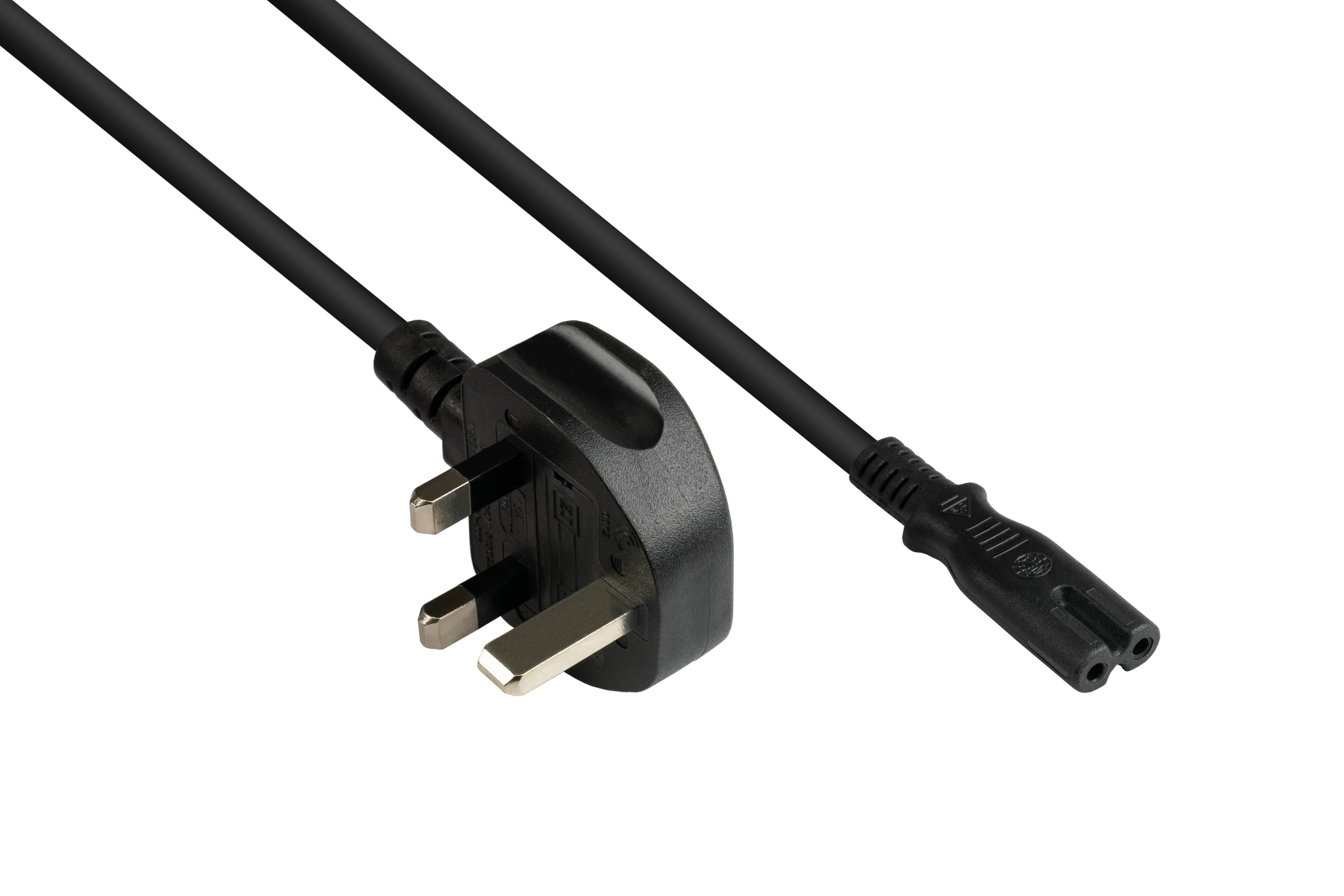 Power cord UK mains plug Typ G (BS 1363,) to C7/Euro 8 socket (straight), 3A, ASTA, black, 0,75 mm², 1,8 m, Good Connections®