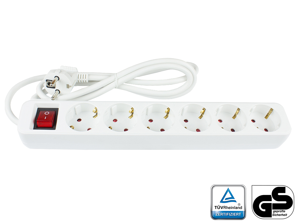 Multiple socket outlet with switch, 6-way, safety plug to 6x safety socket, white, Good Connections®
