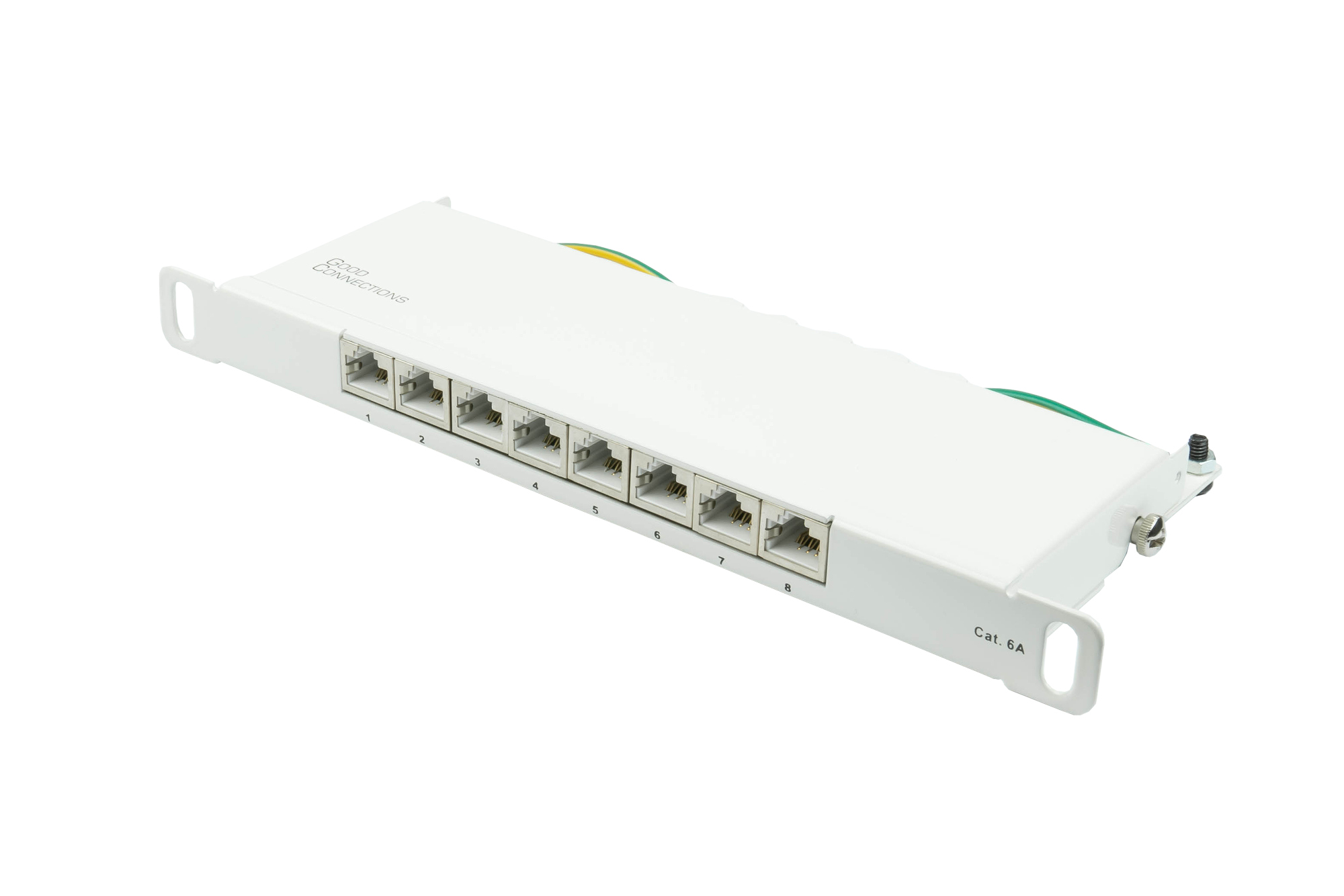 Patch Panel 10" Cat. 6A, 8-port, 0,5 U, STP shielded, toolless opening, pure white (RAL9010), Good Connections®