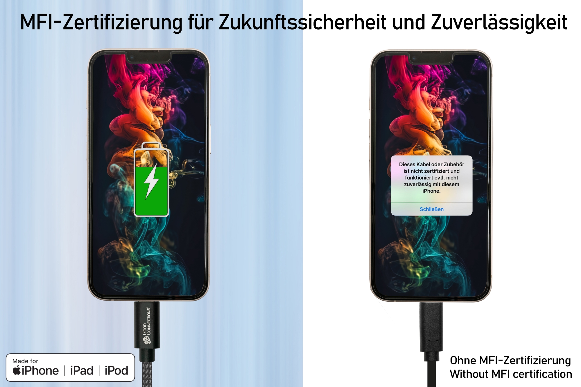 USB 2.0 Charging and data cable for iPhone/iPad/iPod, USB-A plug to Lightning™ plug, MFI certified, 12W, black, 0,5m, Good Connections®