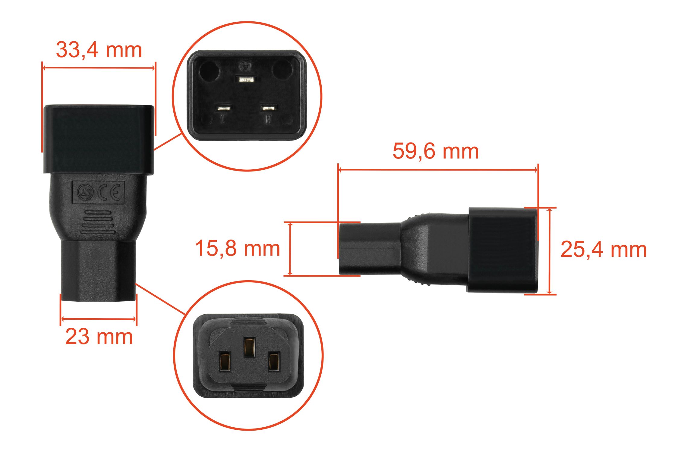 kabelmeister® power adapter IEC plug C20 (straight) to IEC socket C13 (straight), black