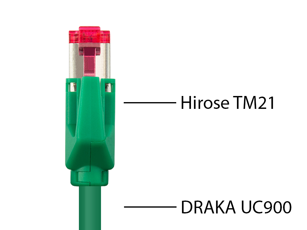 Patchkabel mit Cat. 7 Draka UC900 Rohkabel (900MHz) und Hirose TM21 Stecker (250MHz) beidseitig, S/FTP, PiMF, halogenfrei (LSZH), KUPFER, grün, 8m