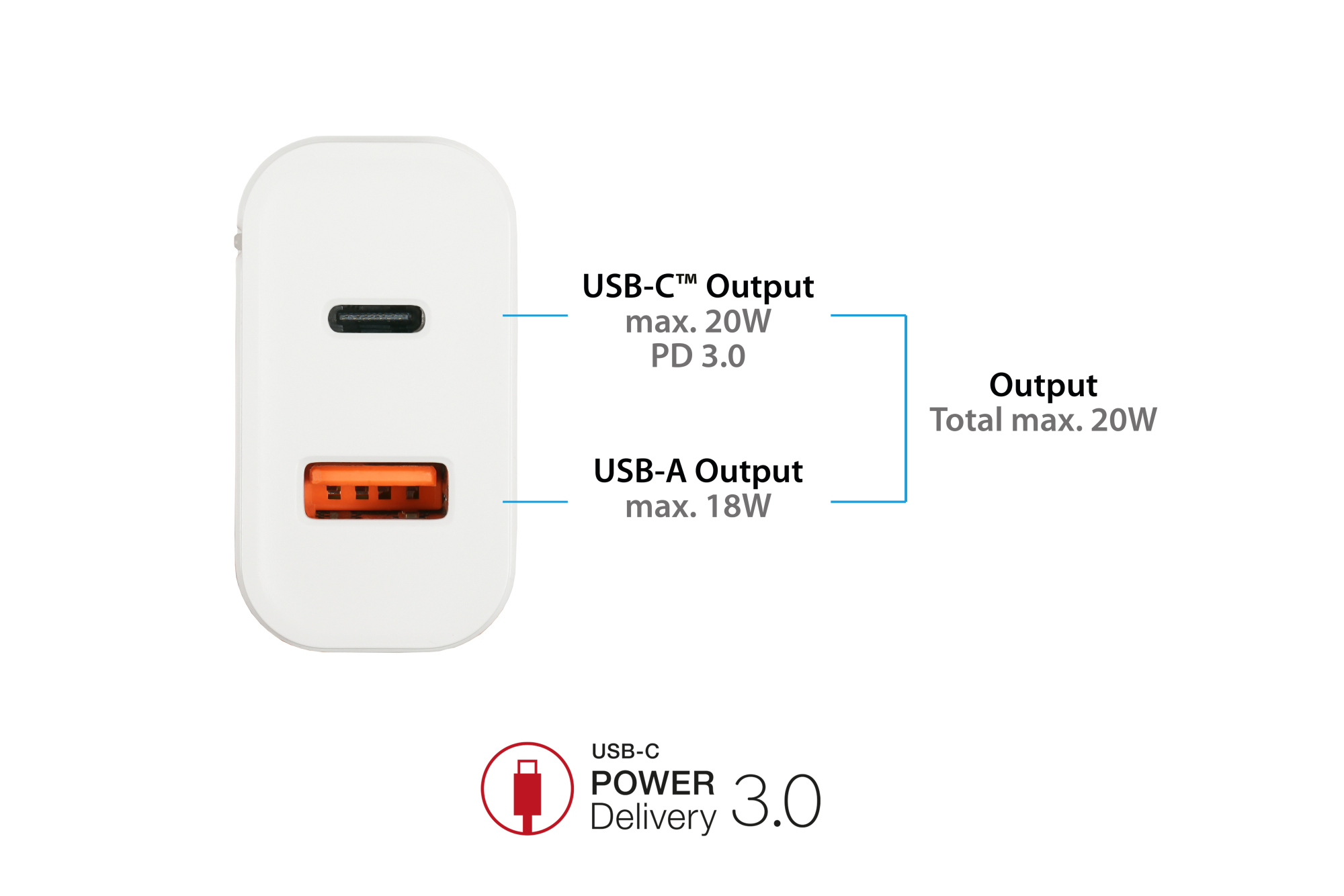 USB fast charger 20W, 2-port (1x USB A, 1x USB C™), PD 3.0, white, Good Connections®