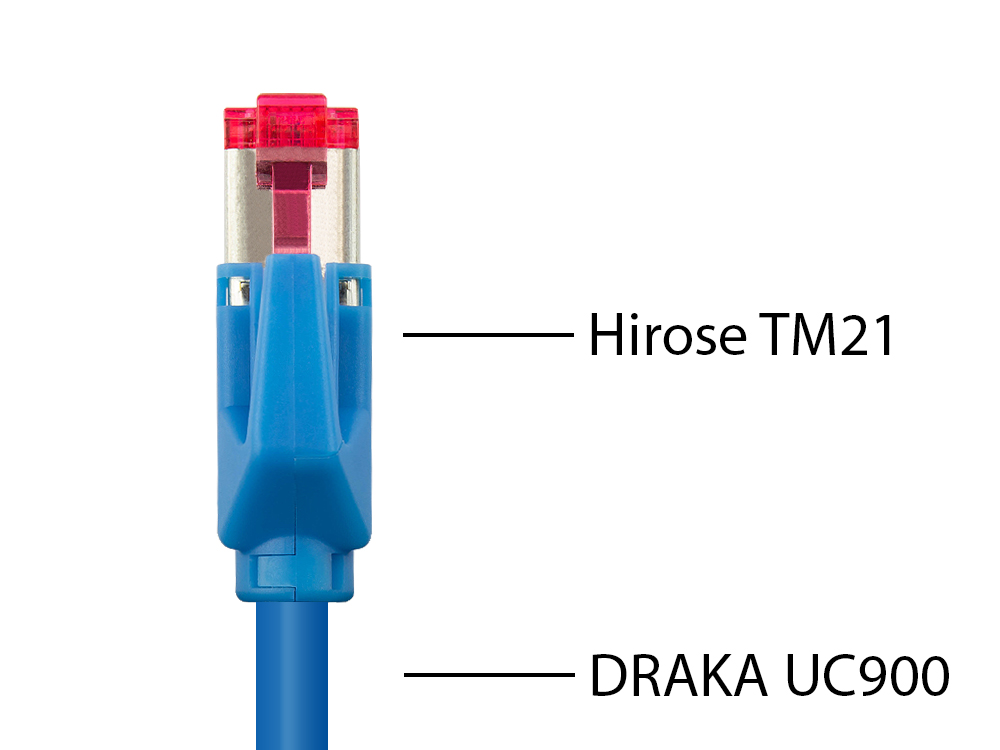 Patchkabel mit Cat. 7 Draka UC900 Rohkabel (900MHz) und Hirose TM21 Stecker (250MHz) beidseitig, S/FTP, PiMF, halogenfrei (LSZH), KUPFER, blau, 22m